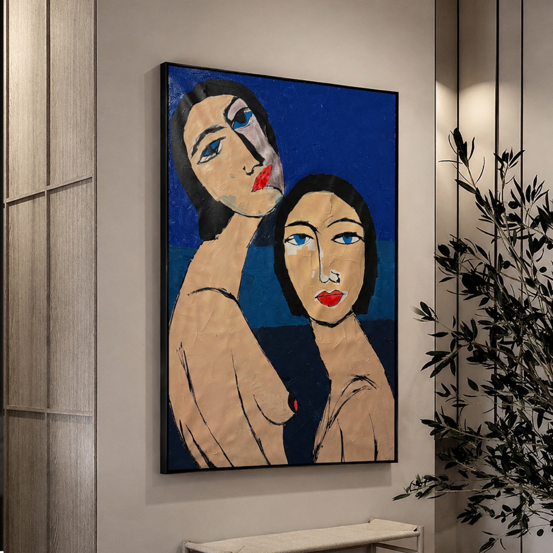 Original Neo-Expressionist Acrylic Canvas Painting, Two Women Portrait, Handmade Textured Wall Art, 26x36 Inches