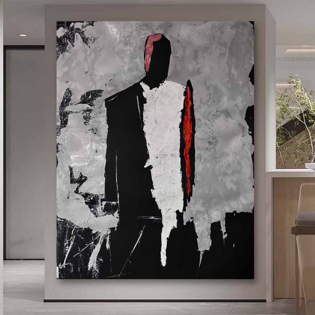 Neo Expressionist Figure Art, Textured Acrylic Painting, Black White Red Abstract Artwork, Palette Knife Modern Wall Decor