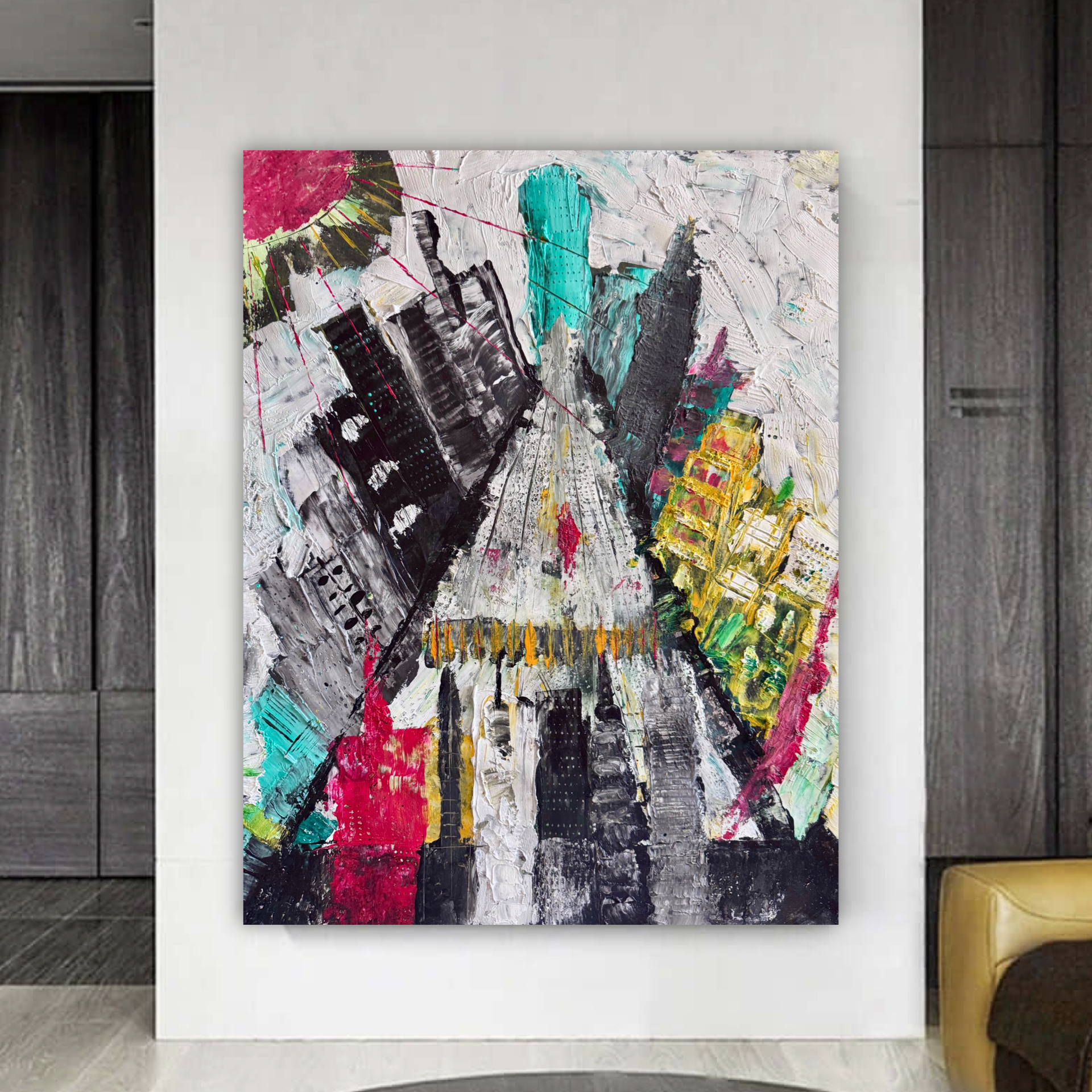 Abstract Manhattan Skyline Textured Acrylic Painting on Poster 22x28 Inch Urban Cityscape Mixed Media Art with Brush & Palette Knife Texture