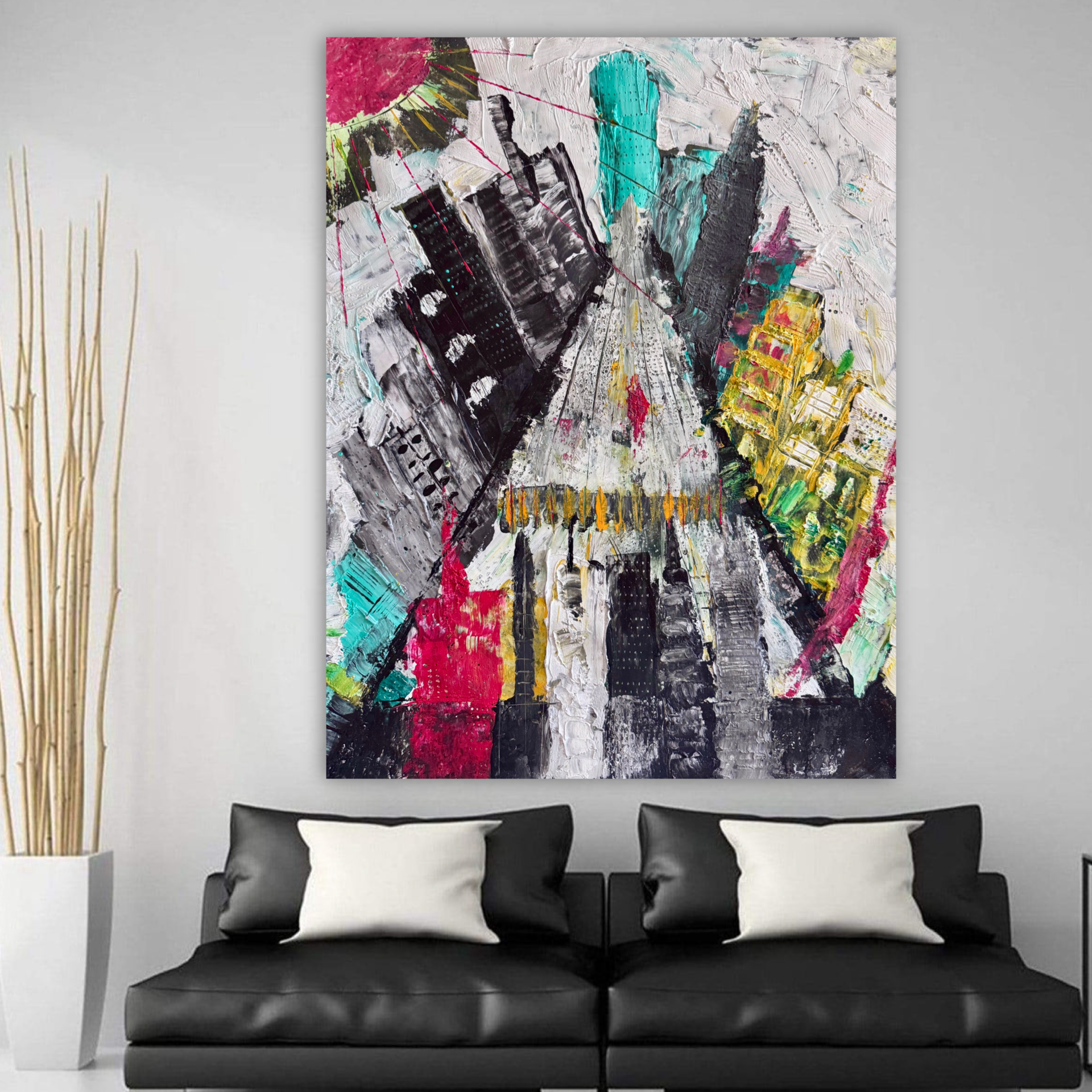 Abstract Manhattan Skyline Textured Acrylic Painting on Poster 22x28 Inch Urban Cityscape Mixed Media Art with Brush & Palette Knife Texture