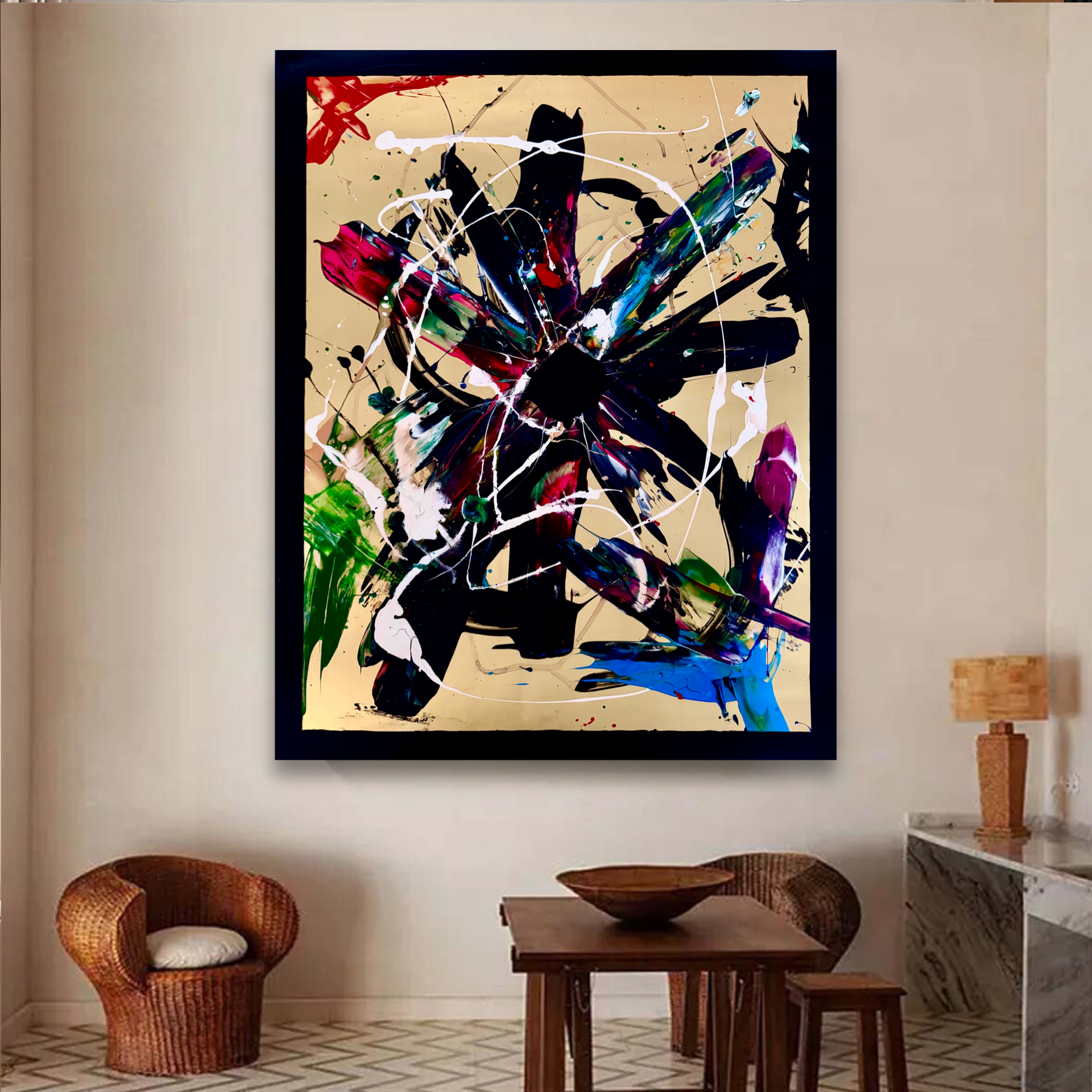 Abstract Acrylic Painting on Poster 22x28, Textured Brush & Palette Knife Art, Varnished Mixed Media, Bold Modern Wall Decor for Interior Space