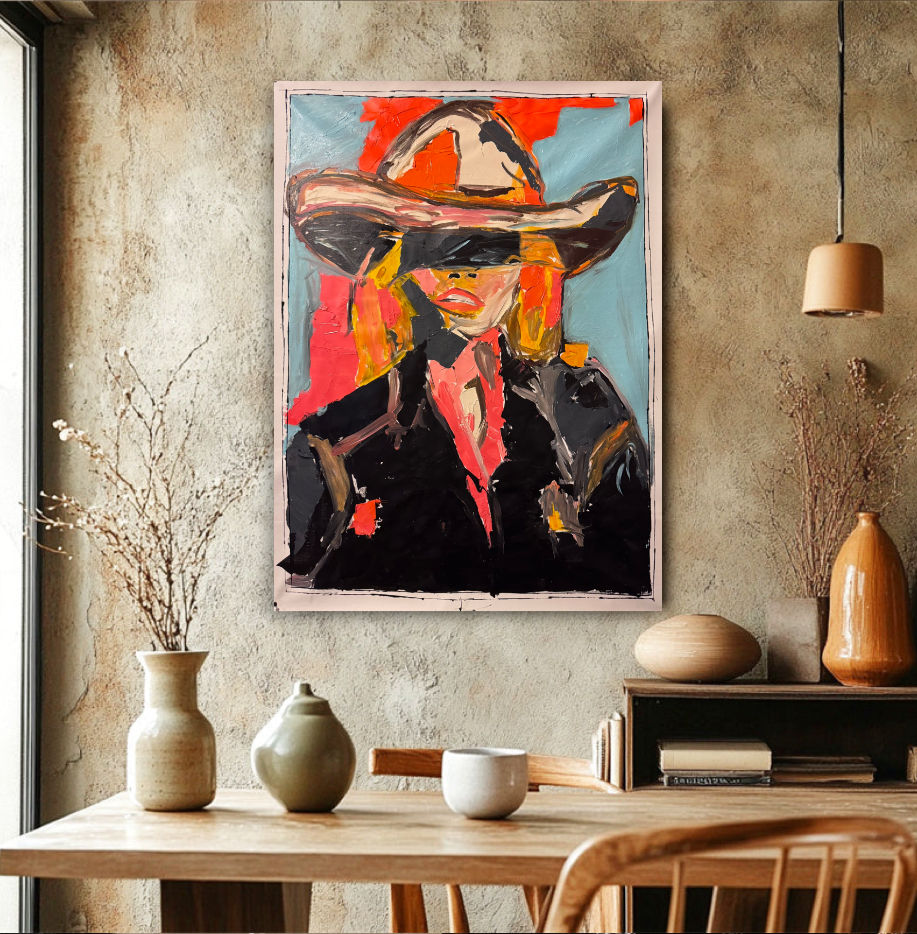 Neo-Expressionist Cowboy Girl Painting, Original Acrylic Canvas Art, Handmade Abstract Western Portrait, 26x36 Inches