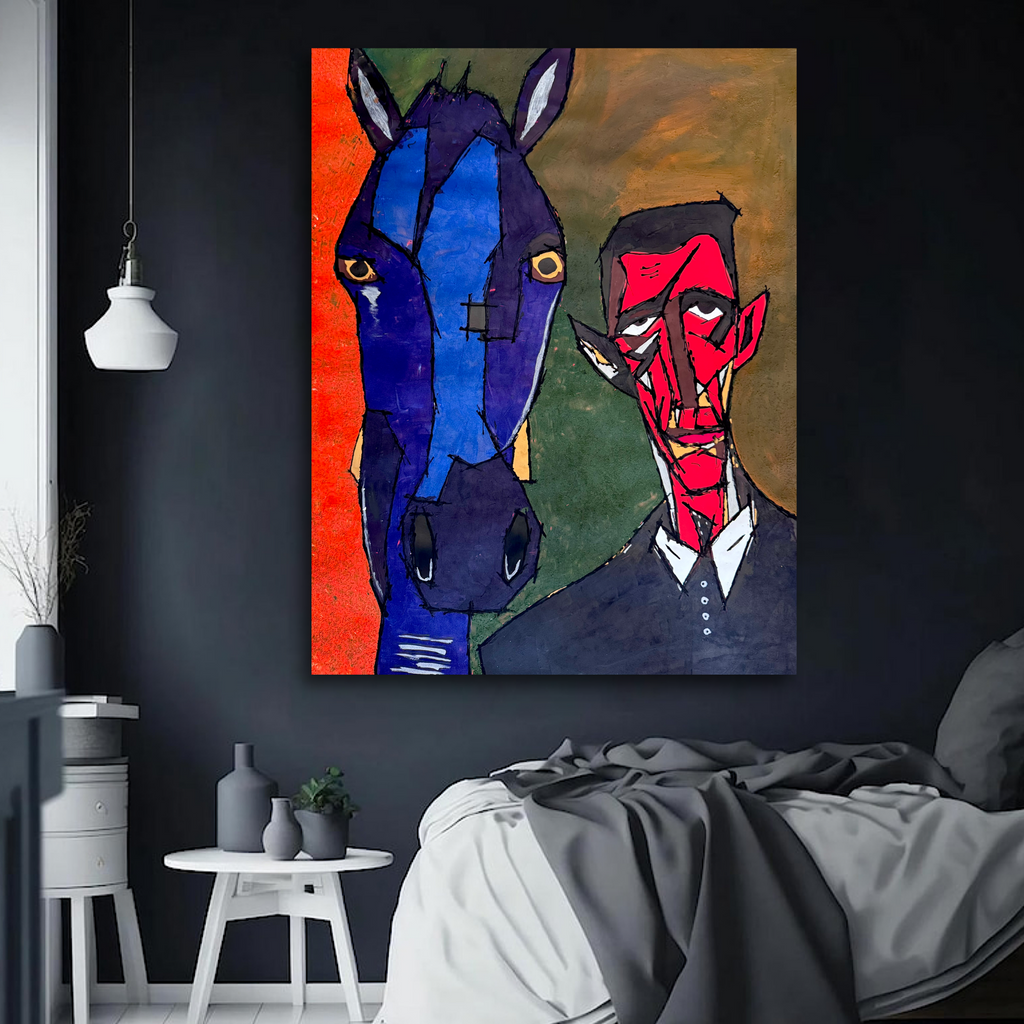 Neo-Expressionist Horse and Man Painting, 22x28 Acrylic Artwork, Signed by Artist