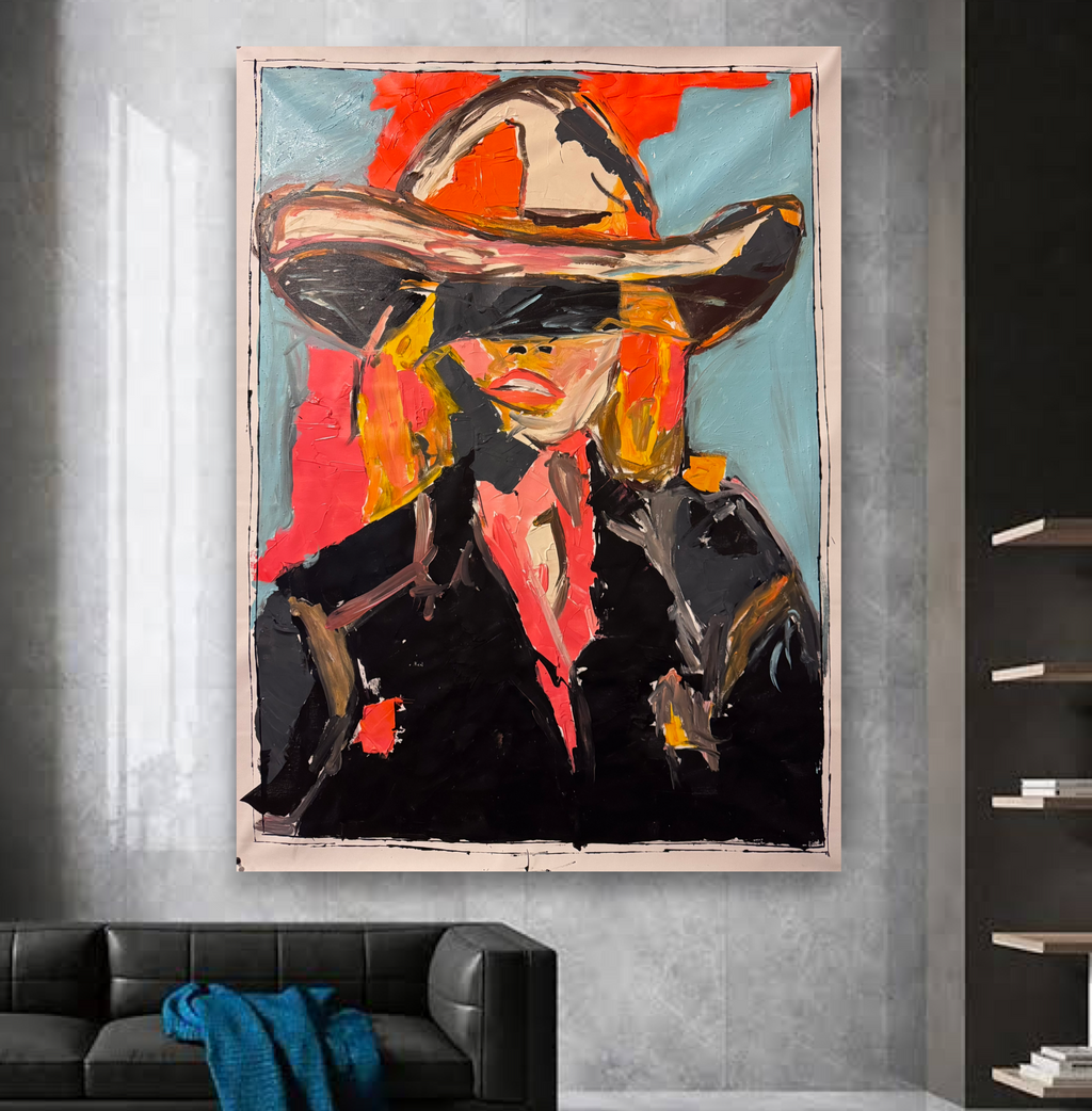 Neo-Expressionist Cowboy Girl Painting, Original Acrylic Canvas Art, Handmade Abstract Western Portrait, 26x36 Inches
