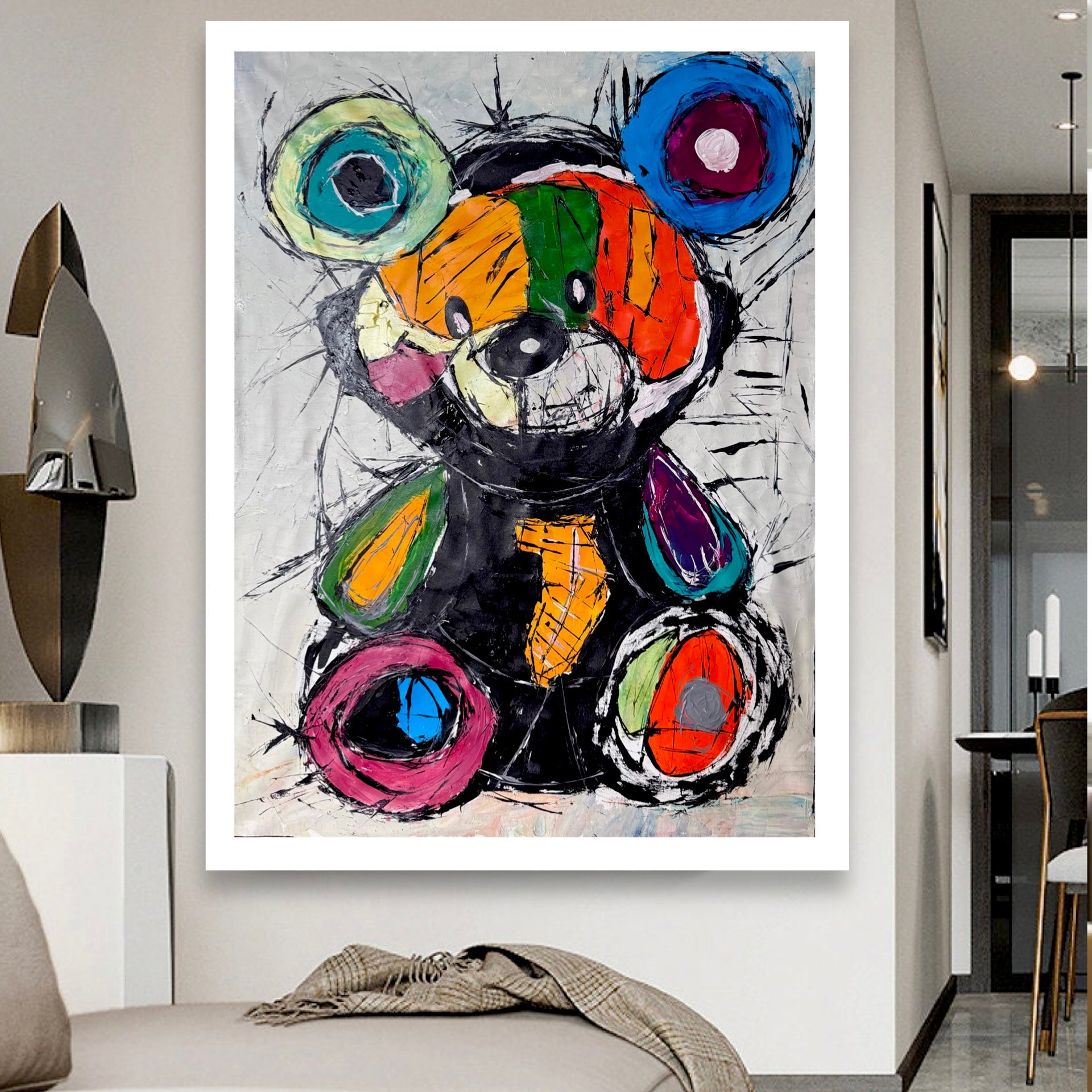 Colorful Abstract Teddy Bear Painting, 30x40 Inch Acrylic on Canvas, Pop Art Expressionist Wall Decor 30x40 inch
