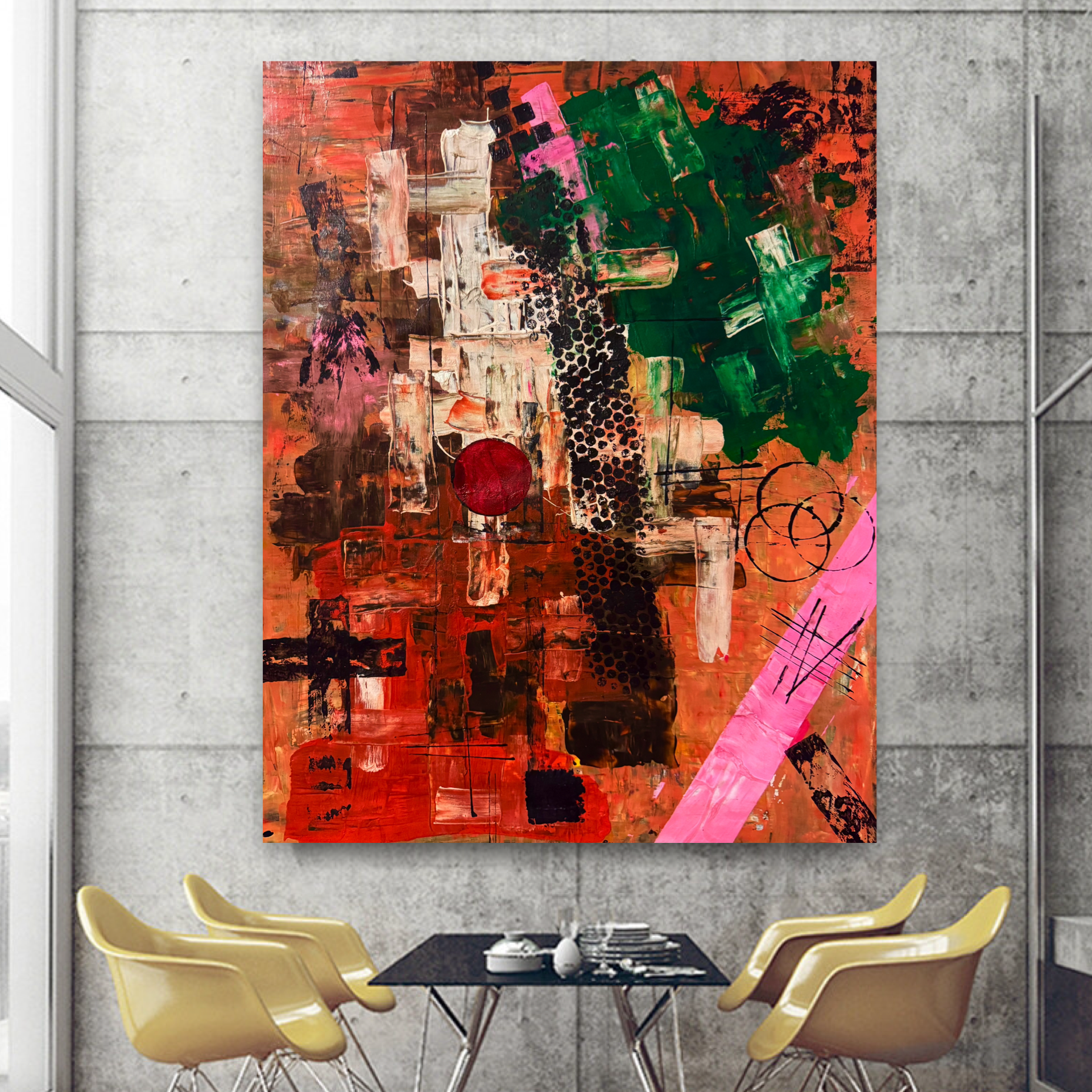 Abstract Acrylic Painting, Textured Modern Wall Art, 22x28 Poster Canvas, Red Green Composition, Handmade Brush & Palette Knife Art
