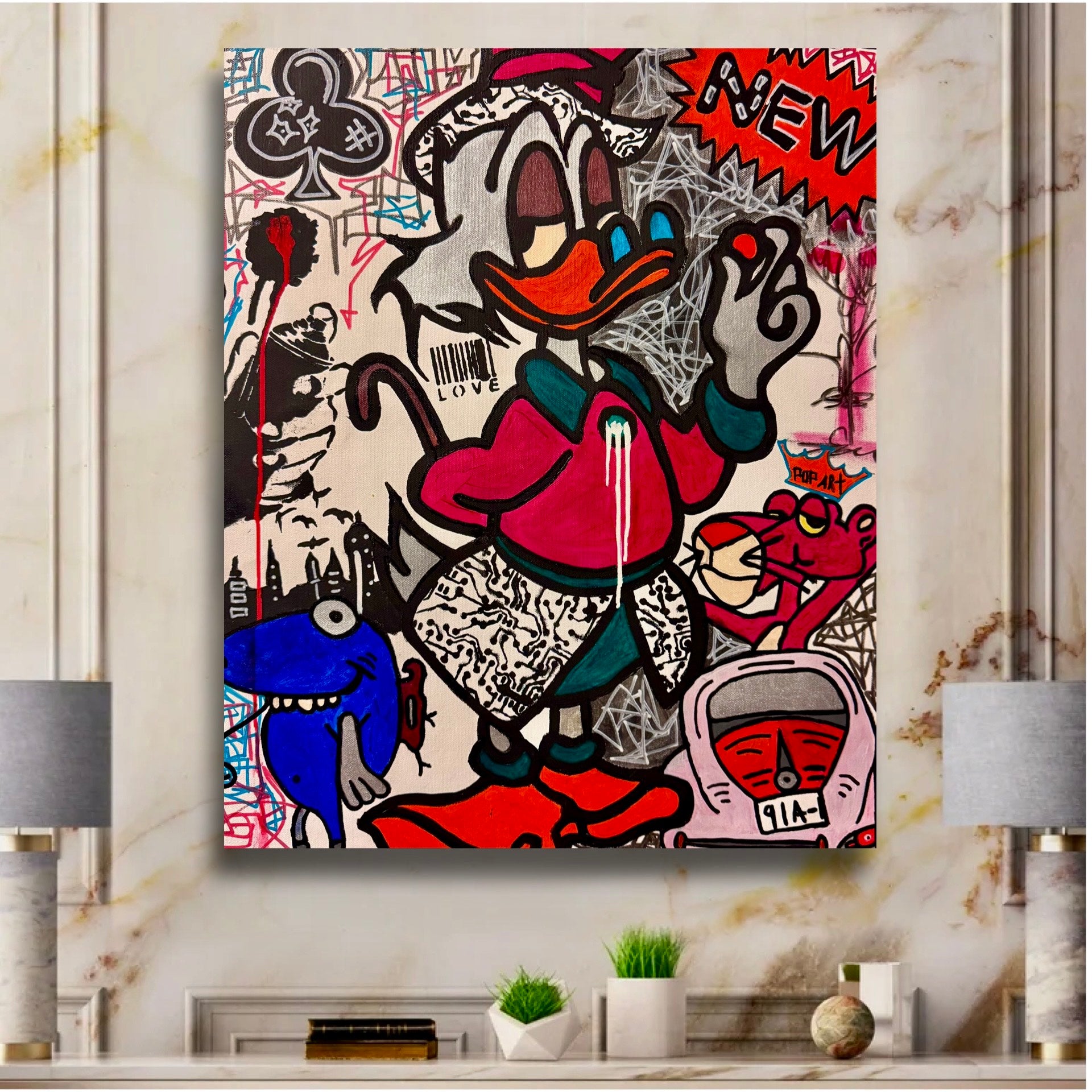 Donald Duck Pop Art Painting: Graffiti Style Acrylic Canvas (20x24 inch, Canvas)