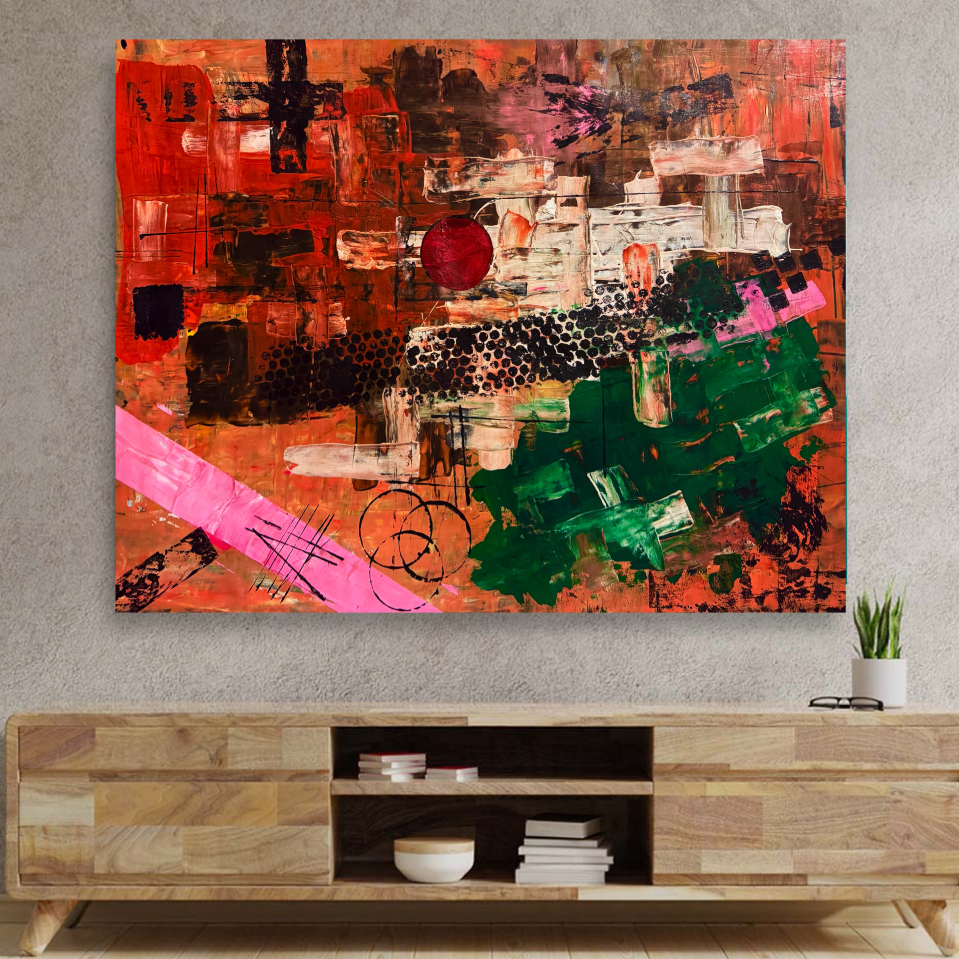 Abstract Acrylic Painting, Textured Modern Wall Art, 22x28 Poster Canvas, Red Green Composition, Handmade Brush & Palette Knife Art