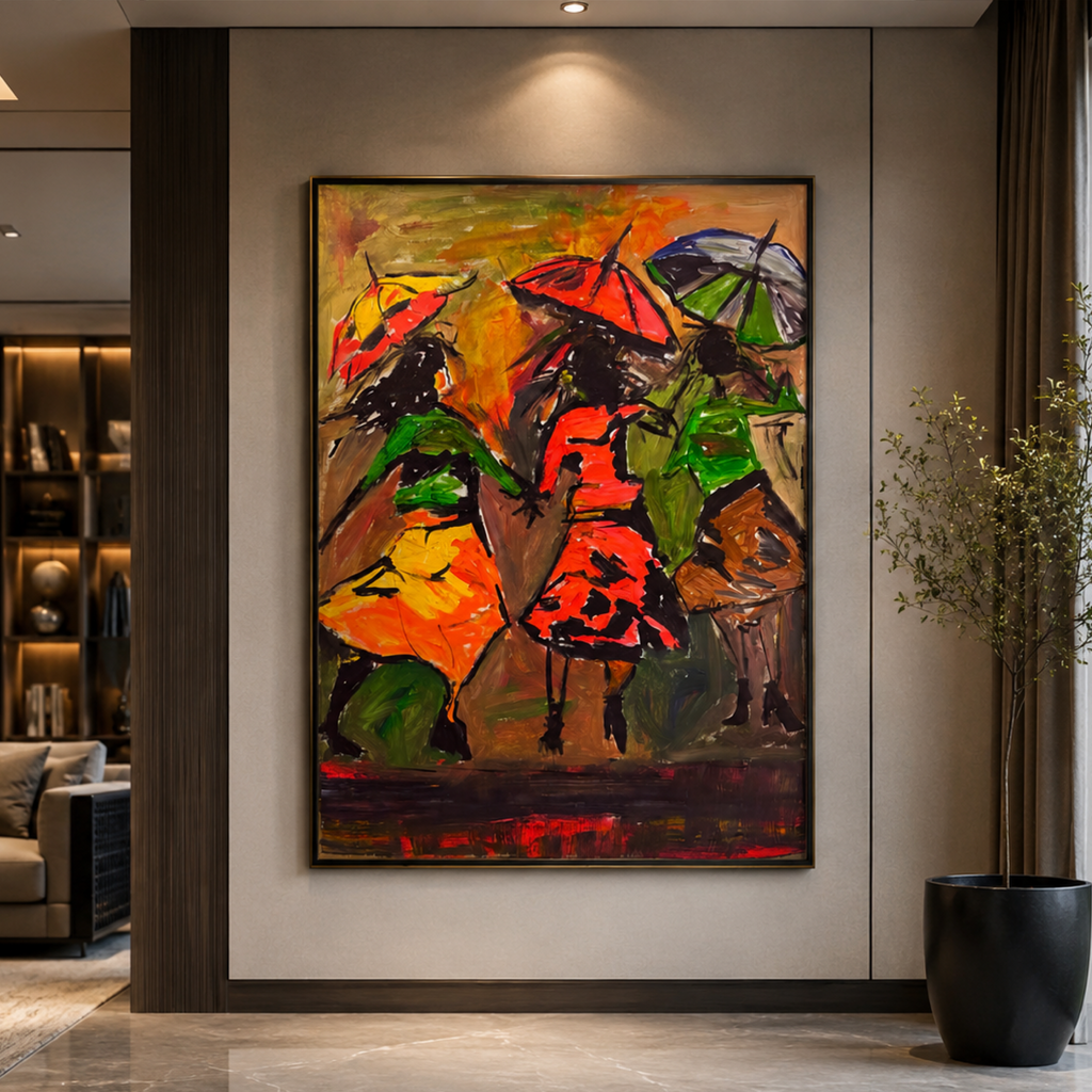Expressionist Abstract Umbrella Scene Original Acrylic Painting on Canvas 26x36 | Hand-Painted Contemporary Artwork