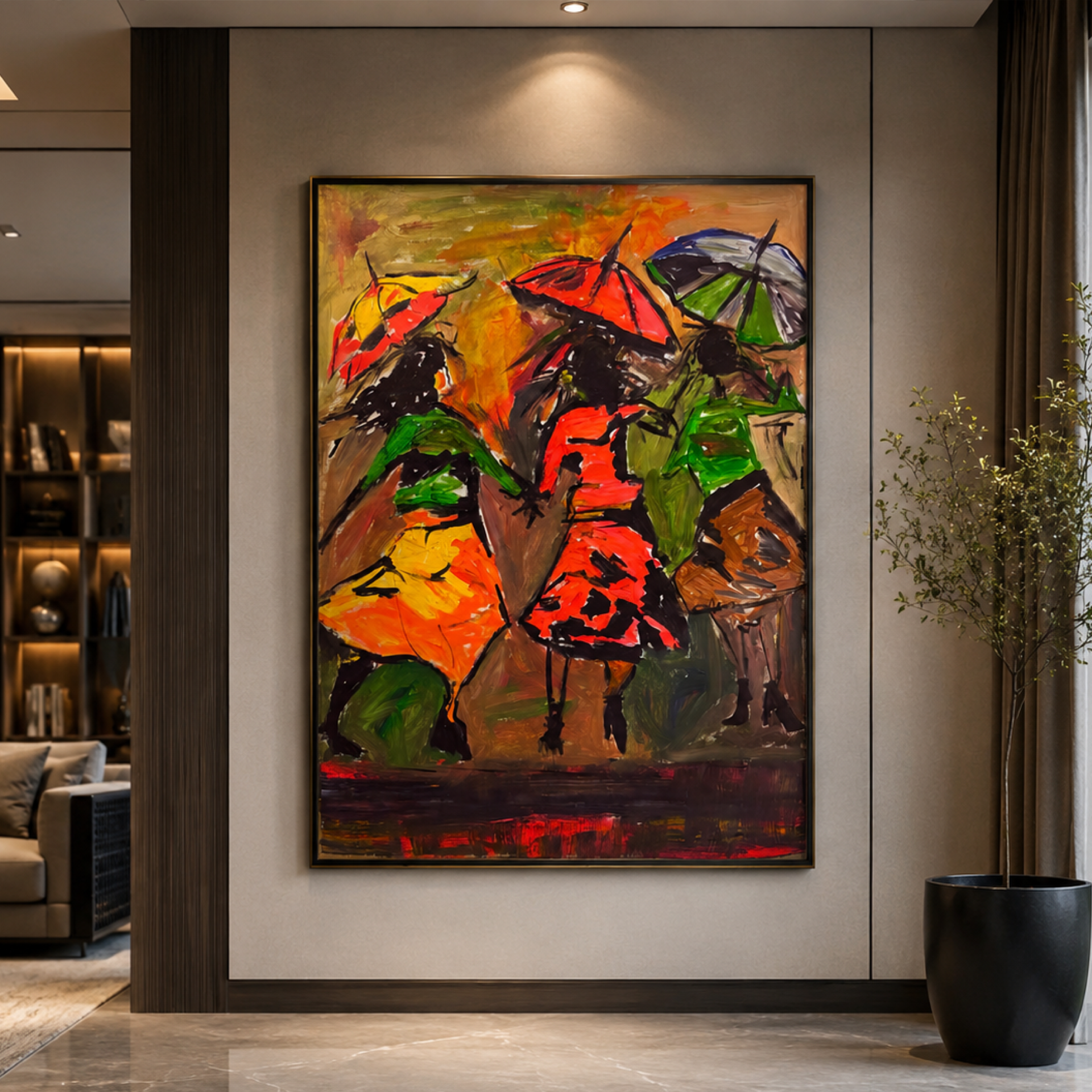 Expressionist Abstract Umbrella Scene Original Acrylic Painting on Canvas 26x36 | Hand-Painted Contemporary Artwork