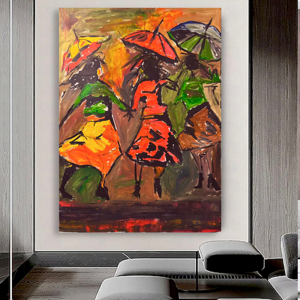 Expressionist Abstract Umbrella Scene Original Acrylic Painting on Canvas 26x36 | Hand-Painted Contemporary Artwork