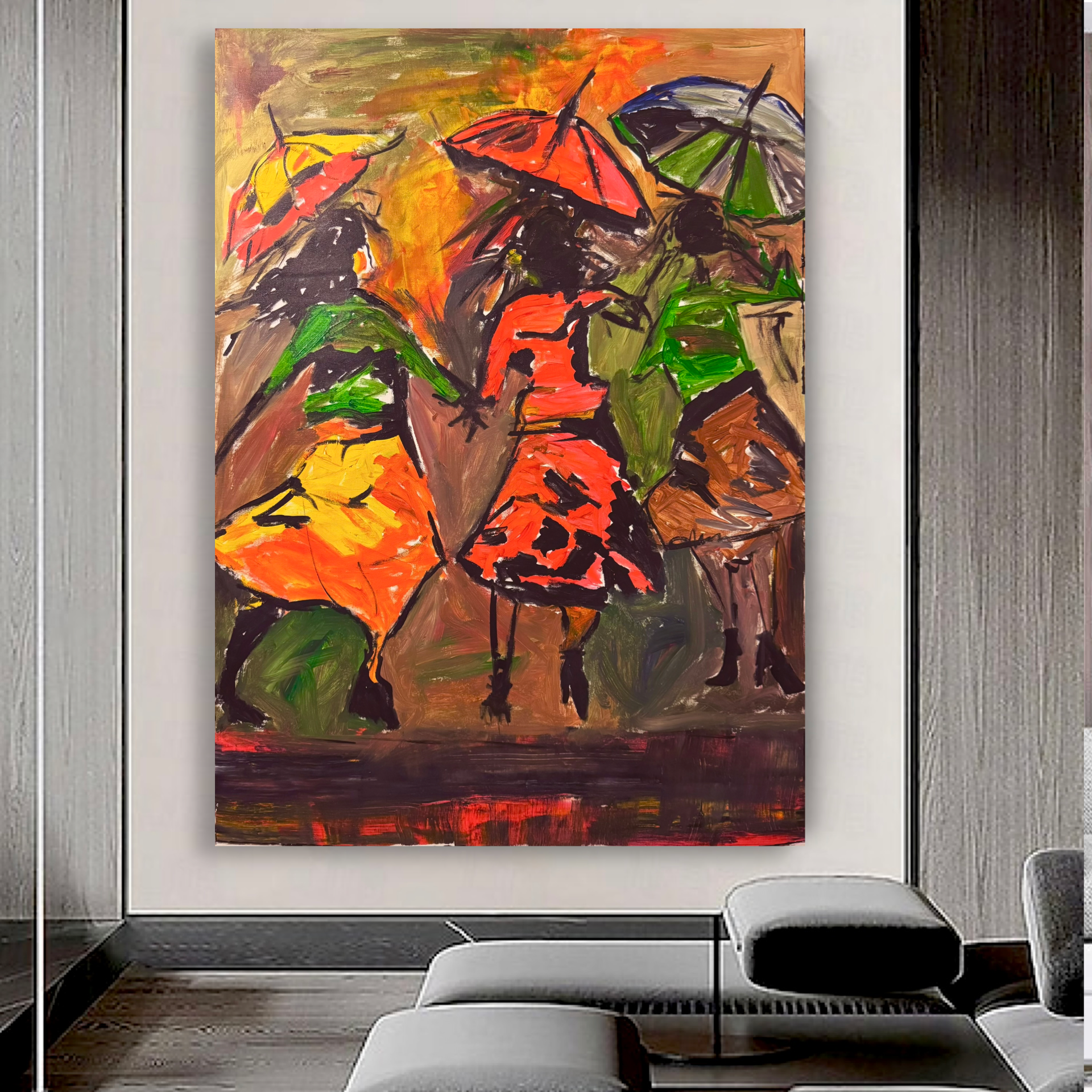 Expressionist Abstract Umbrella Scene Original Acrylic Painting on Canvas 26x36 | Hand-Painted Contemporary Artwork