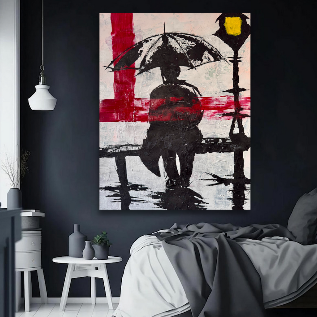 Neo Expressionist Figure Painting, Red Umbrella Silhouette, Textured Acrylic Wall Art (22x28)