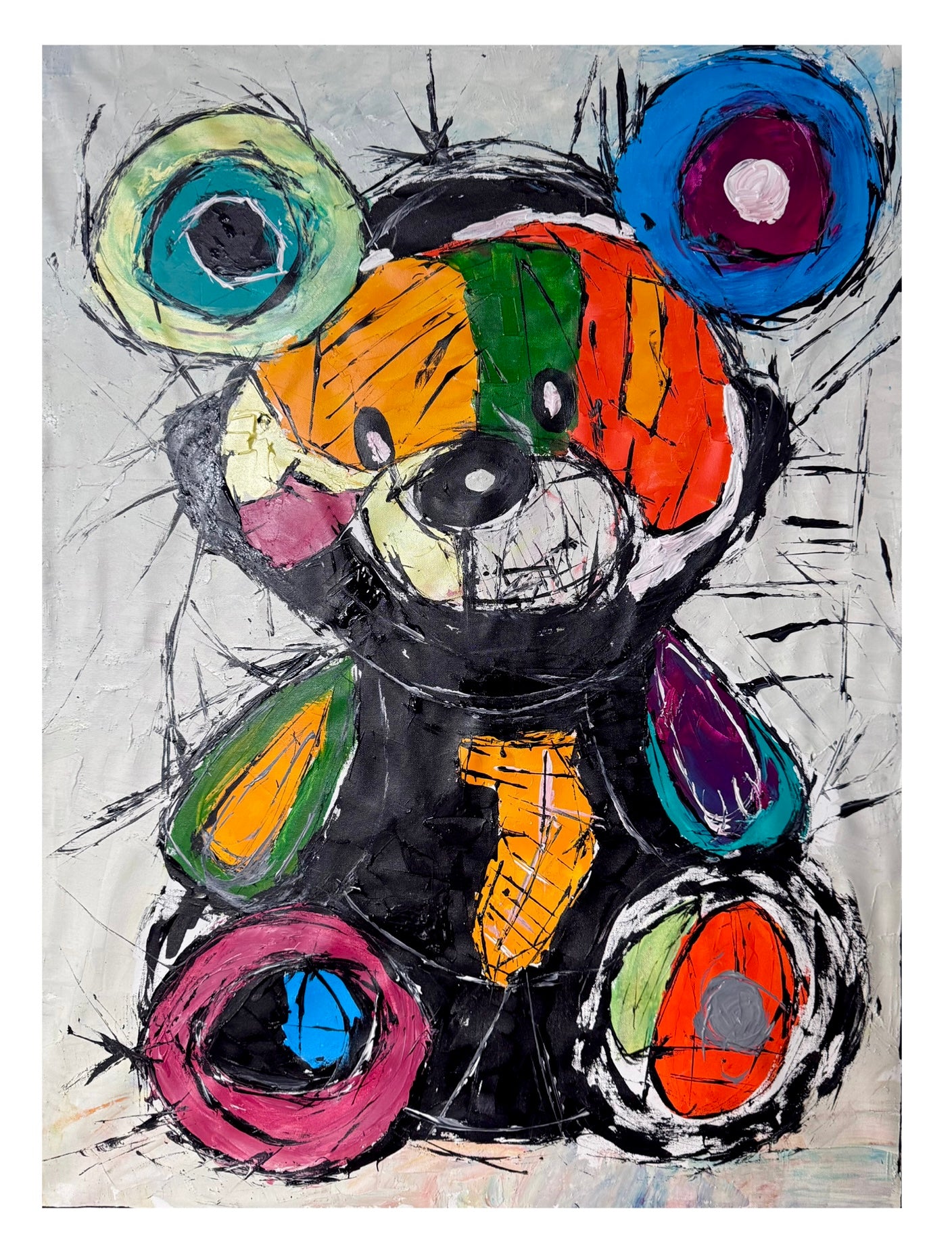 Colorful Abstract Teddy Bear Painting, 30x40 Inch Acrylic on Canvas, Pop Art Expressionist Wall Decor 30x40 inch