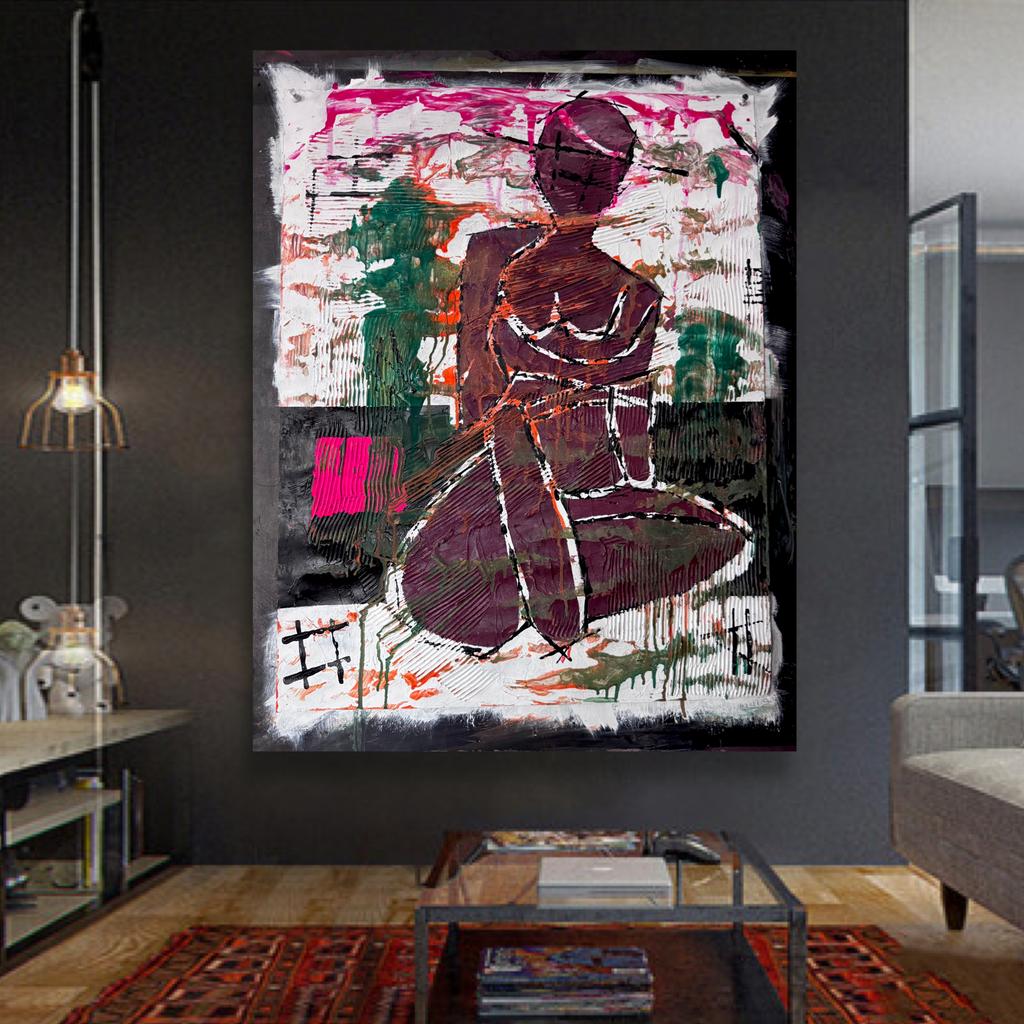 Neo-Expressionist Textured Figure Painting on Paper, 20x28 Inch Contemporary Abstract Artwork with Bold Acrylic Layers