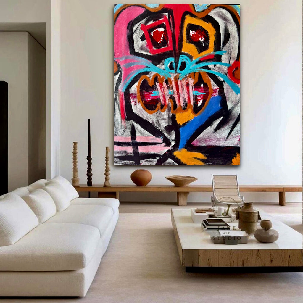 Expressionist Abstract Face Painting – Colorful Acrylic Canvas Art - Pastel & Acrylic Paint