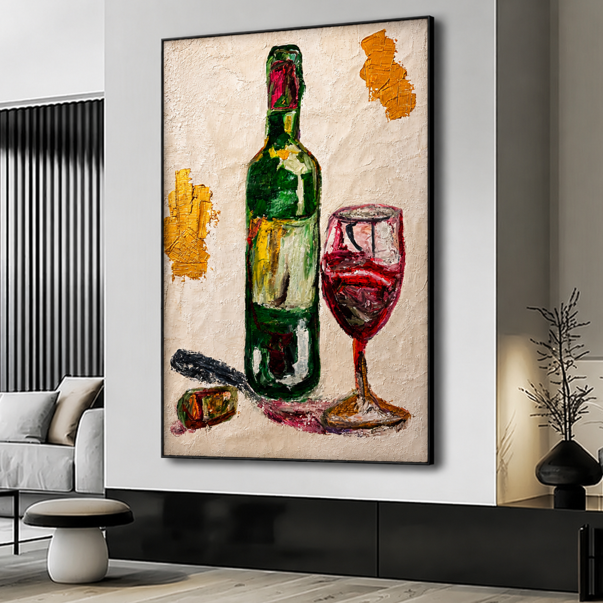 Vintage Wine Still Life – Original Palette Knife Acrylic & Oil Painting on 26x36 Canvas, Contemporary Expressionist Art