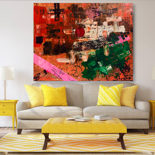 Abstract Acrylic Painting, Textured Modern Wall Art, 22x28 Poster Canvas, Red Green Composition, Handmade Brush & Palette Knife Art
