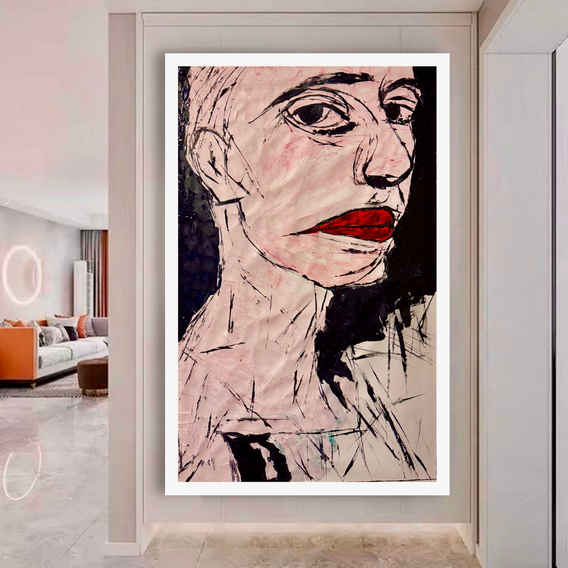Silent Crimson Gaze – 24x40 Inches Original Abstract Expressionist Acrylic Portrait on Canvas with Palette Knife Texture