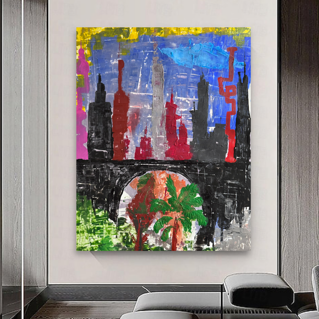 Handmade Abstract City Skyline Painting 22x28 Acrylic on Poster Paper Textured Spatula Brush Unique One of a Kind Modern Urban Art Design NYC