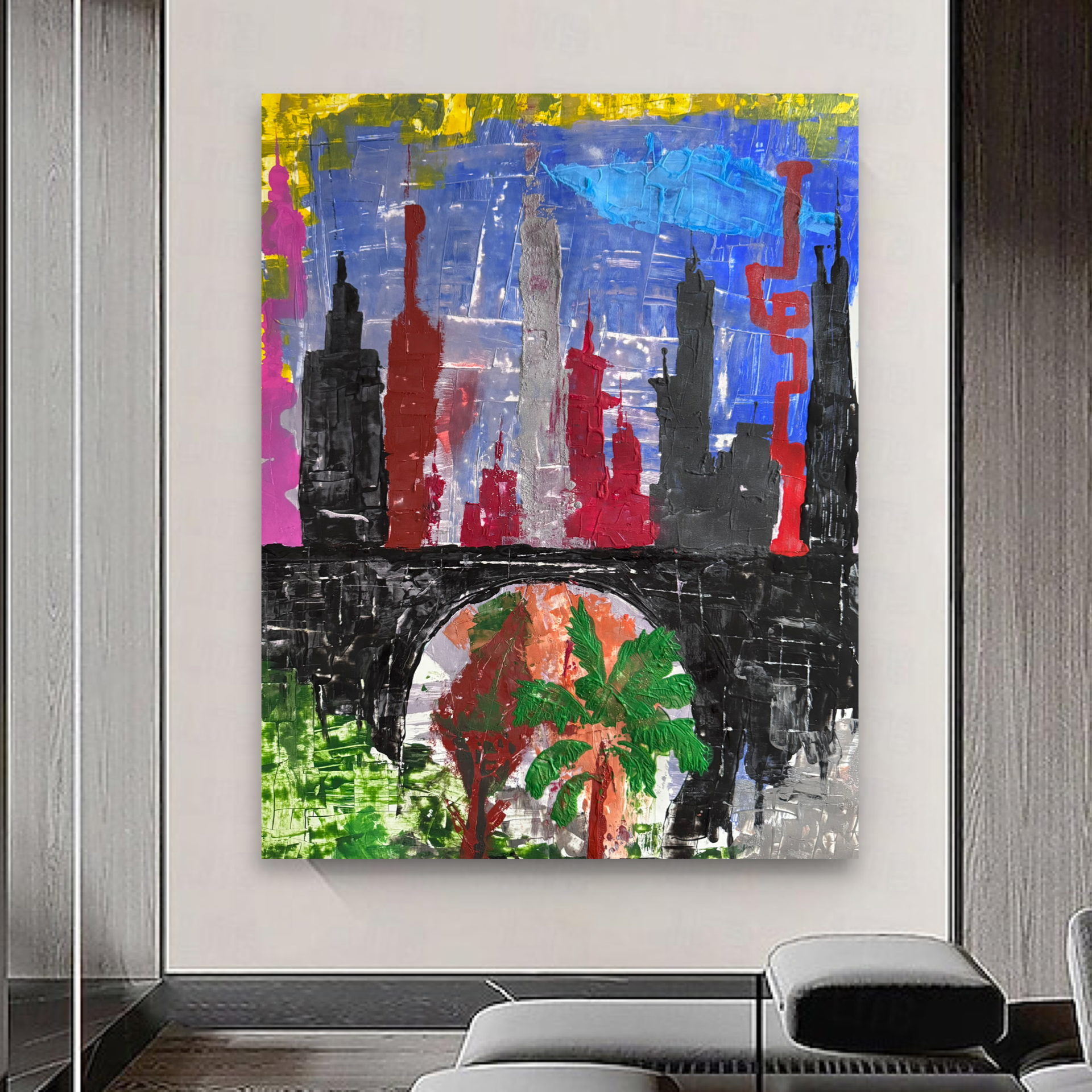 Handmade Abstract City Skyline Painting 22x28 Acrylic on Poster Paper Textured Spatula Brush Unique One of a Kind Modern Urban Art Design NYC