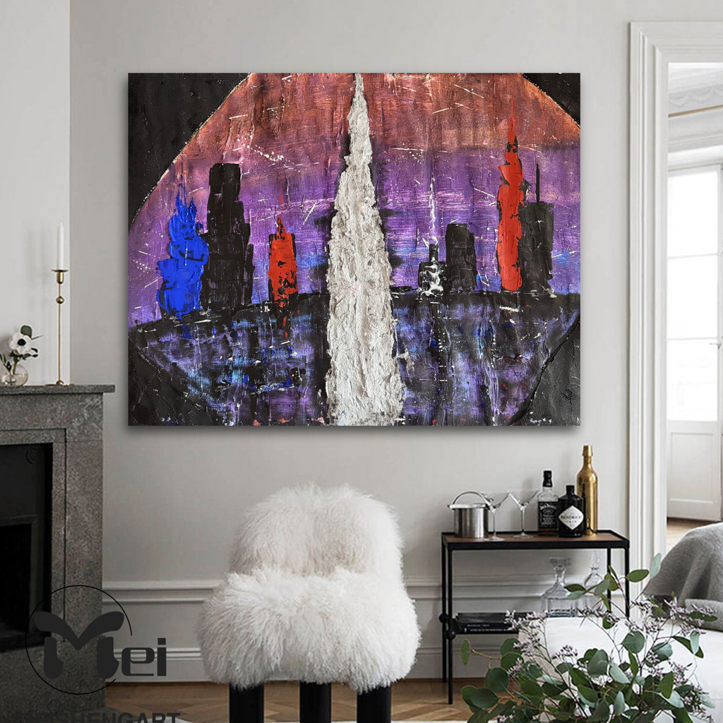 Abstract Urban Skyline Silhouette Painting | Textured Mixed Media Cityscape on Reinforced Paper | Contemporary Expressionist Art
