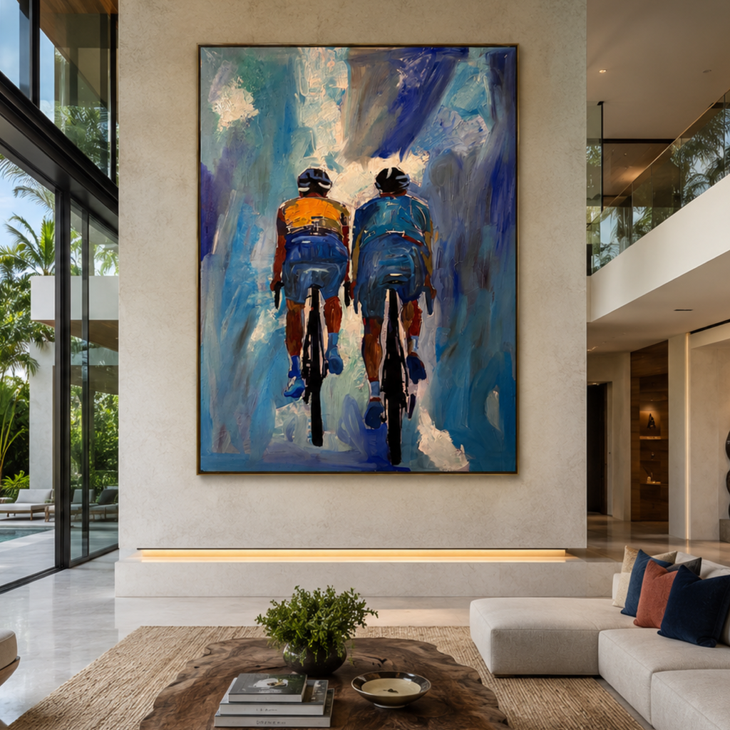Abstract Cycling Duo | Original Acrylic Painting on Canvas | Palette Knife & Brush | 26x36 Contemporary Sports Wall Art