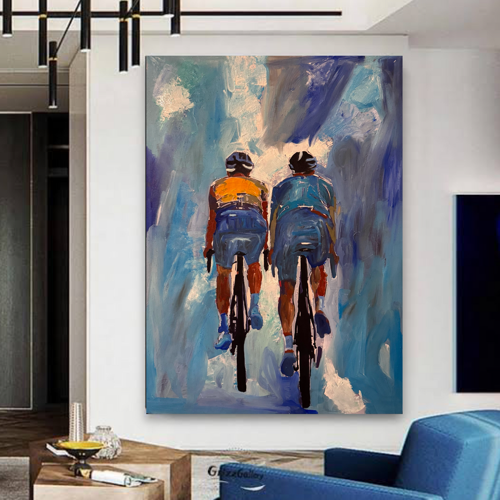 Abstract Cycling Duo | Original Acrylic Painting on Canvas | Palette Knife & Brush | 26x36 Contemporary Sports Wall Art