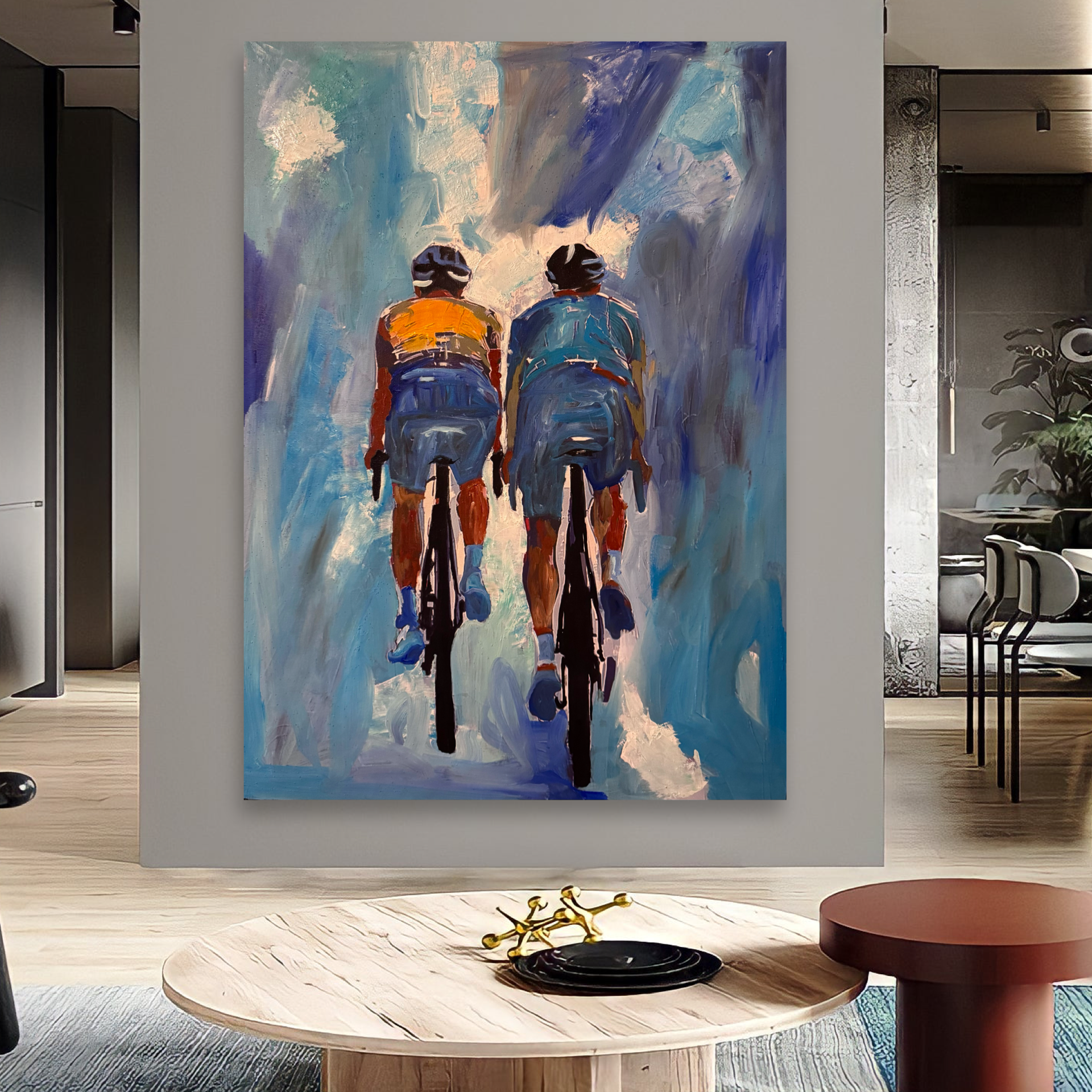 Abstract Cycling Duo | Original Acrylic Painting on Canvas | Palette Knife & Brush | 26x36 Contemporary Sports Wall Art