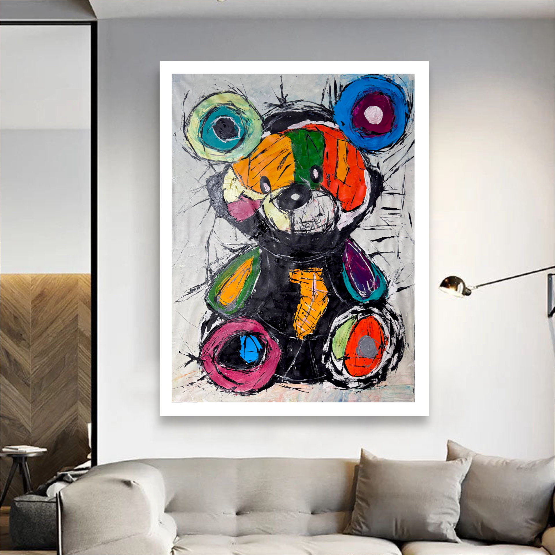 Colorful Abstract Teddy Bear Painting, 30x40 Inch Acrylic on Canvas, Pop Art Expressionist Wall Decor 30x40 inch