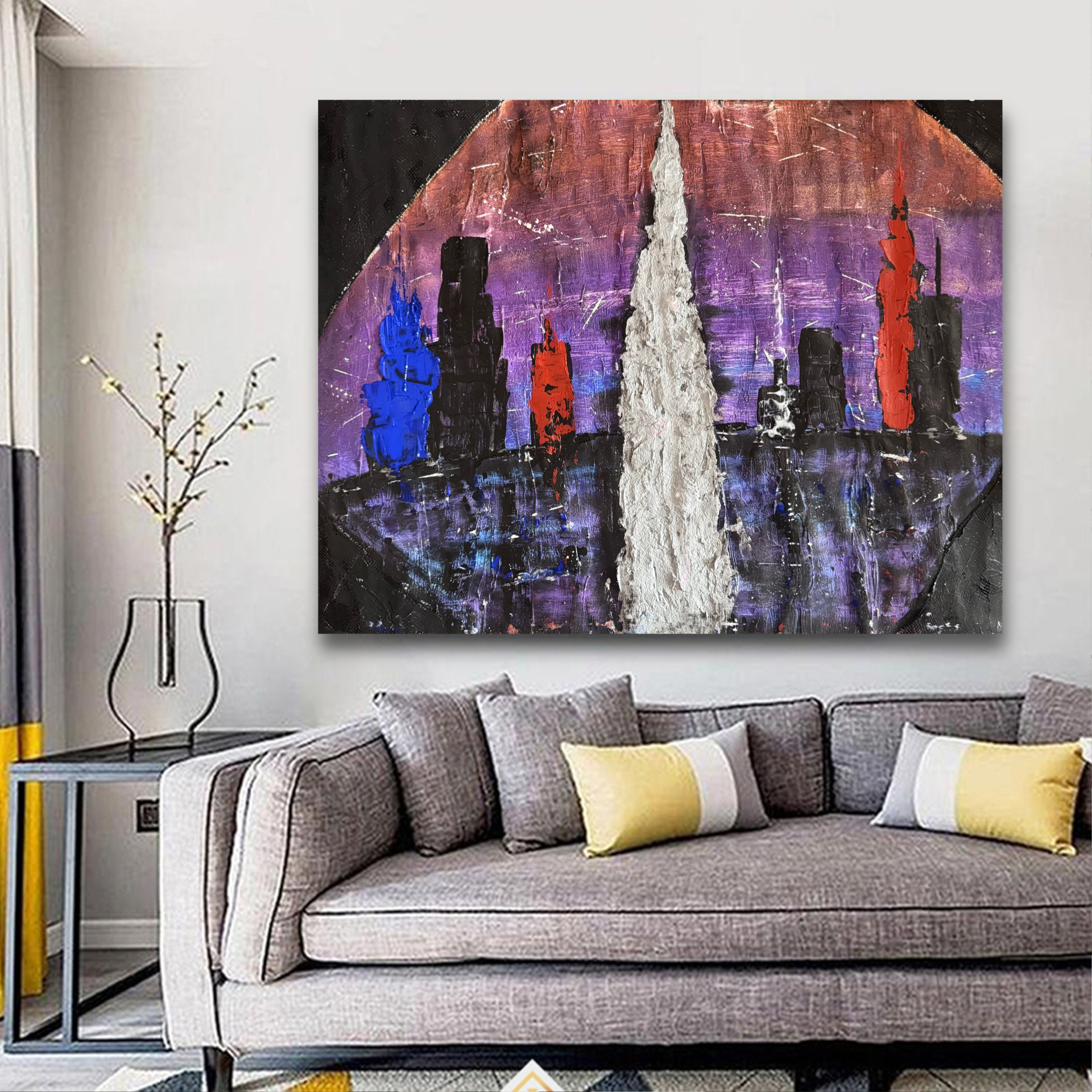Abstract Urban Skyline Silhouette Painting | Textured Mixed Media Cityscape on Reinforced Paper | Contemporary Expressionist Art
