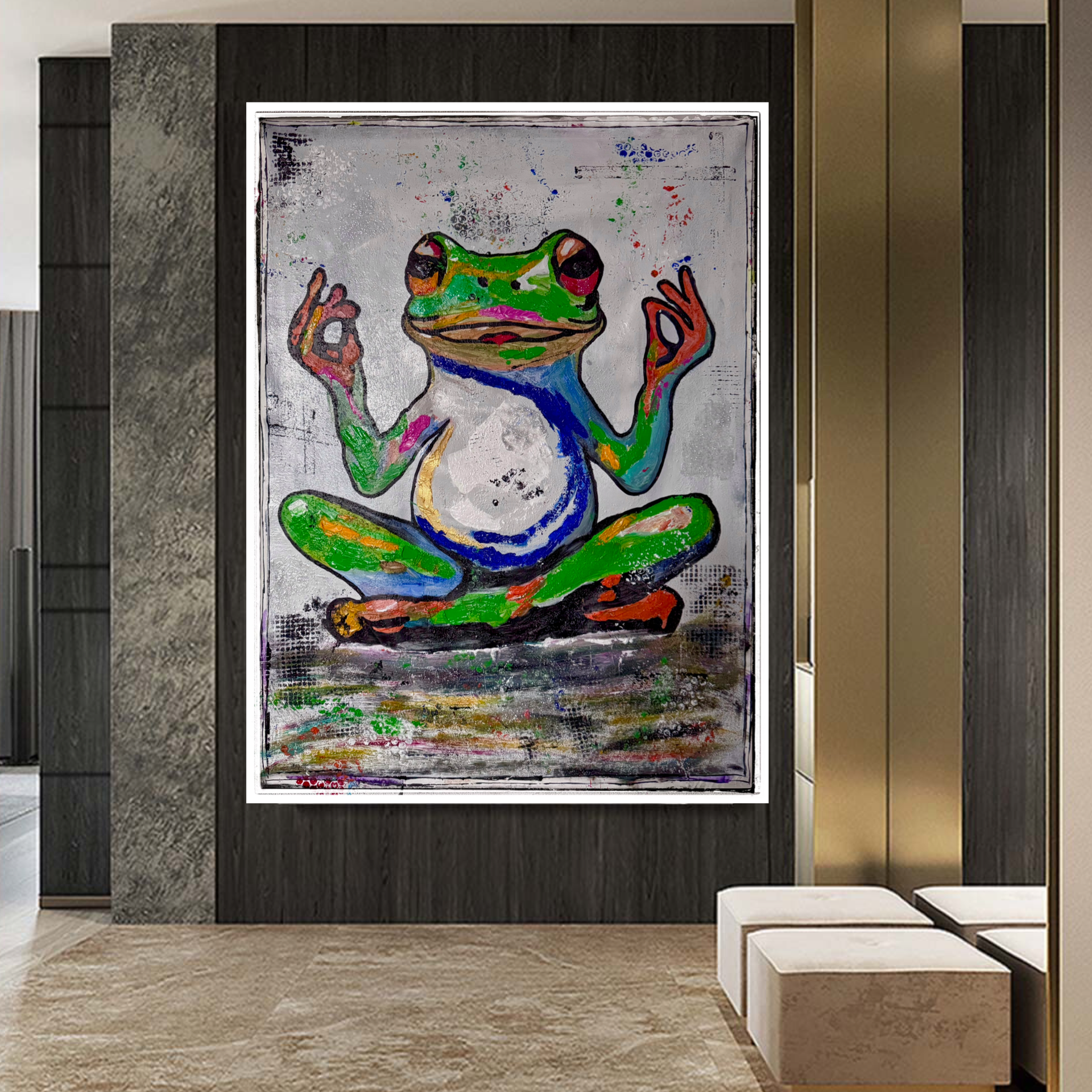 Original Abstract Expressionist Frog Painting | 26x36 Acrylic on Canvas | Hand-Painted Palette Knife & Brush Animal Wall Art
