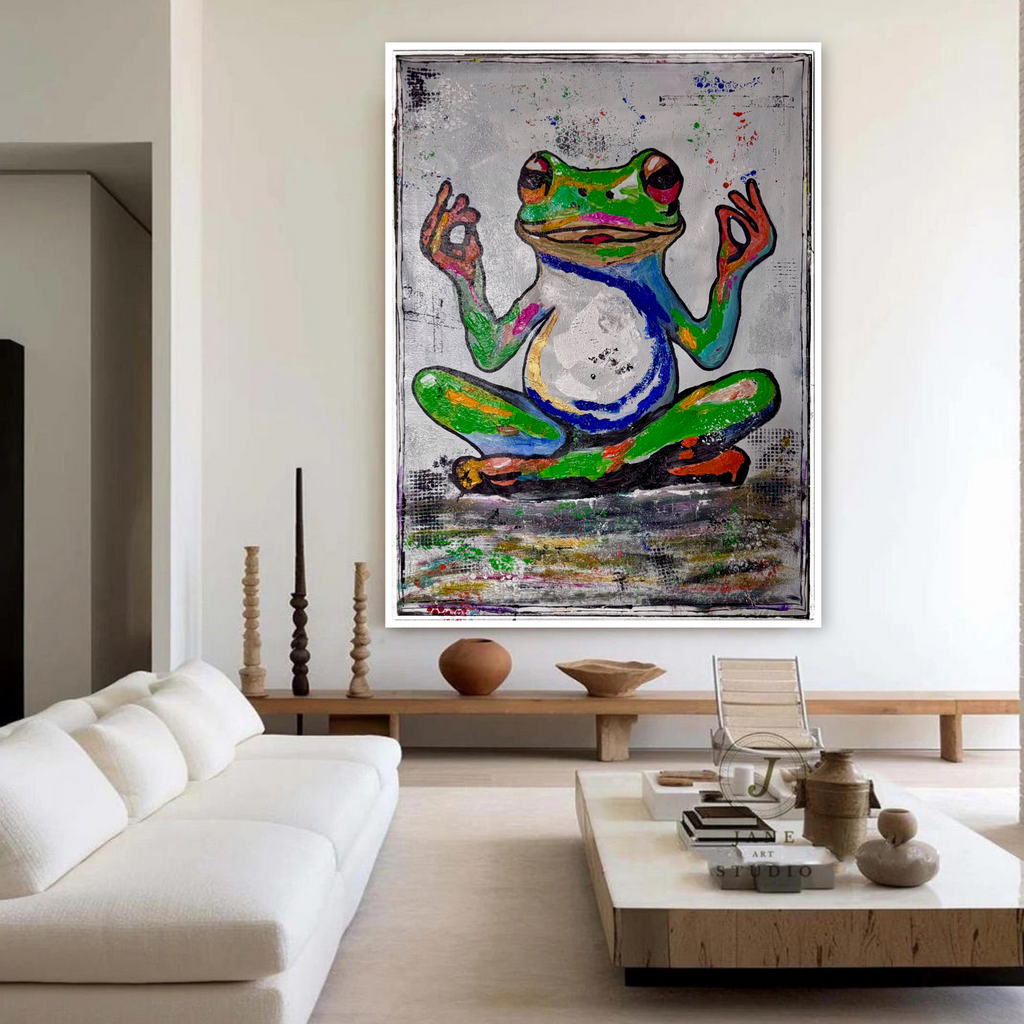 Original Abstract Expressionist Frog Painting | 26x36 Acrylic on Canvas | Hand-Painted Palette Knife & Brush Animal Wall Art