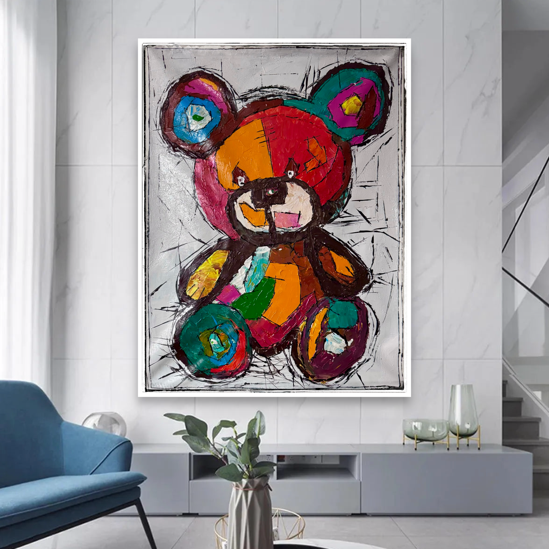 Original Abstract Expressionist Teddy Bear Painting | 26x36” Acrylic on Canvas | Hand-Painted Modern Pop Art Animal
