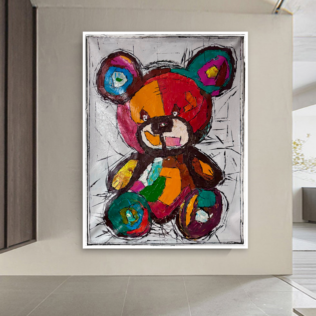 Original Abstract Expressionist Teddy Bear Painting | 26x36” Acrylic on Canvas | Hand-Painted Modern Pop Art Animal
