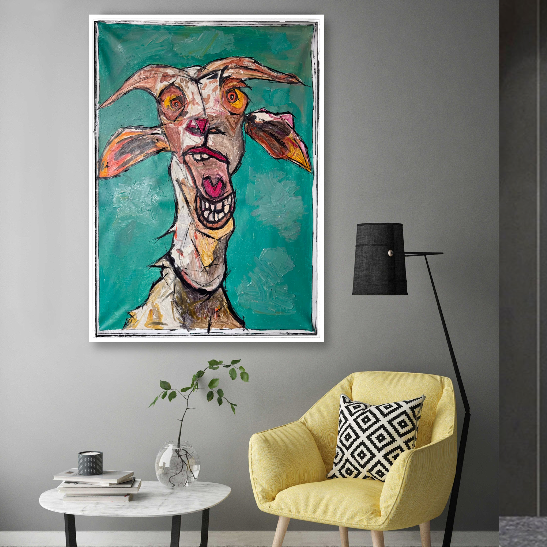 Original Abstract Expressionist Goat Painting | 26x36” Hand-Painted Acrylic on Canvas | Modern Animal Wall Art