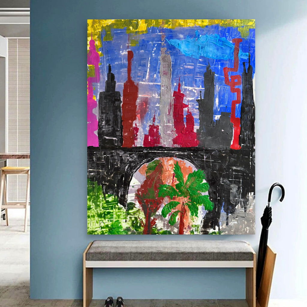Handmade Abstract City Skyline Painting 22x28 Acrylic on Poster Paper Textured Spatula Brush Unique One of a Kind Modern Urban Art Design NYC