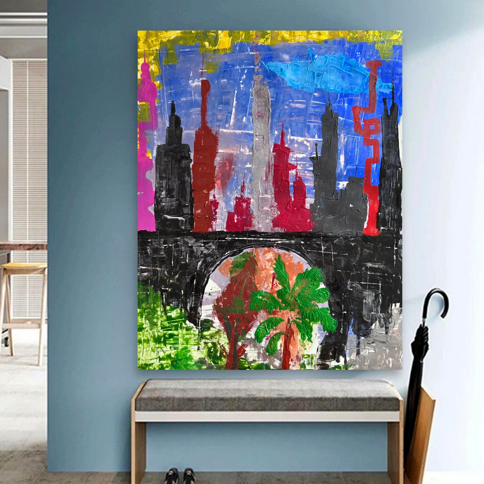 Handmade Abstract City Skyline Painting 22x28 Acrylic on Poster Paper Textured Spatula Brush Unique One of a Kind Modern Urban Art Design NYC