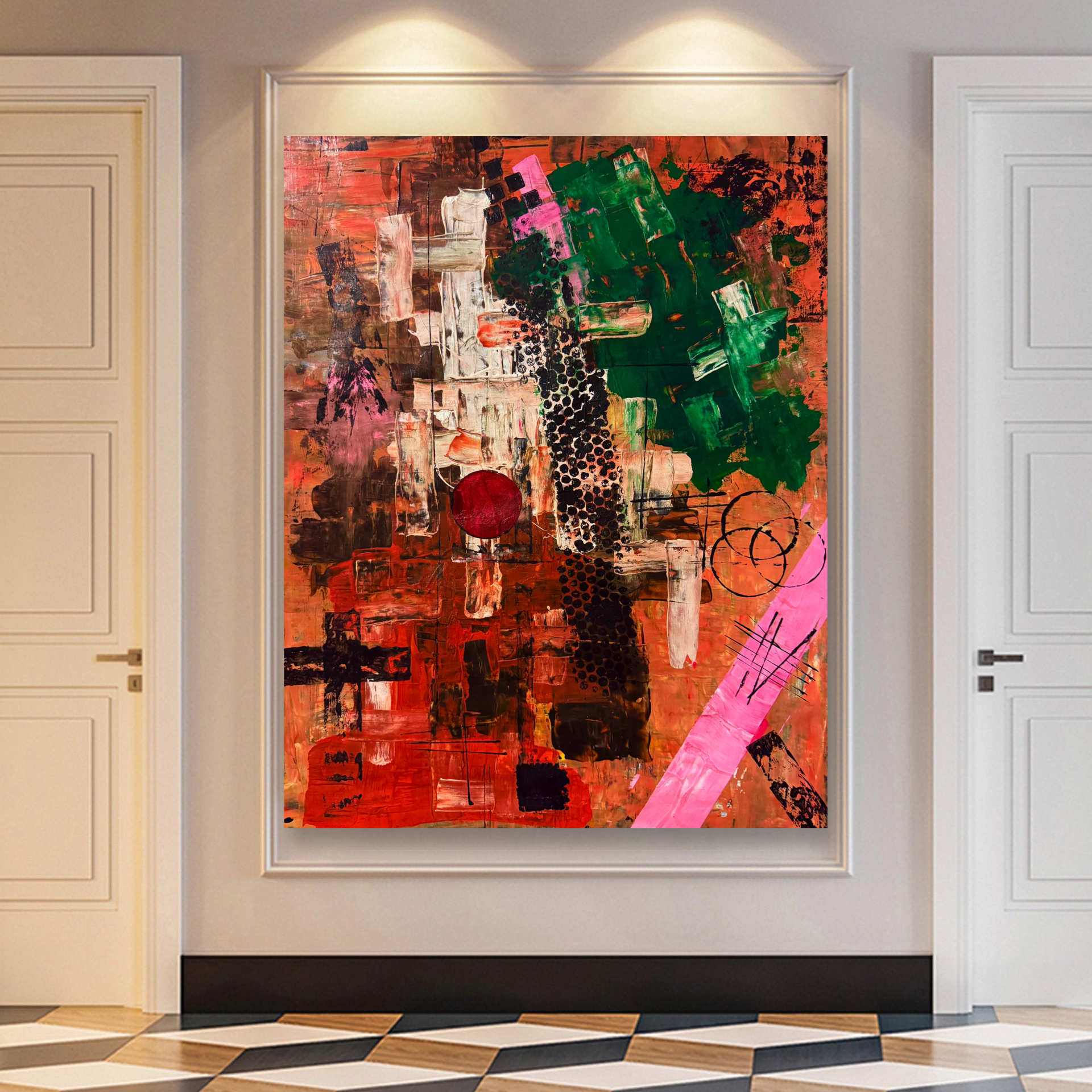 Abstract Acrylic Painting, Textured Modern Wall Art, 22x28 Poster Canvas, Red Green Composition, Handmade Brush & Palette Knife Art