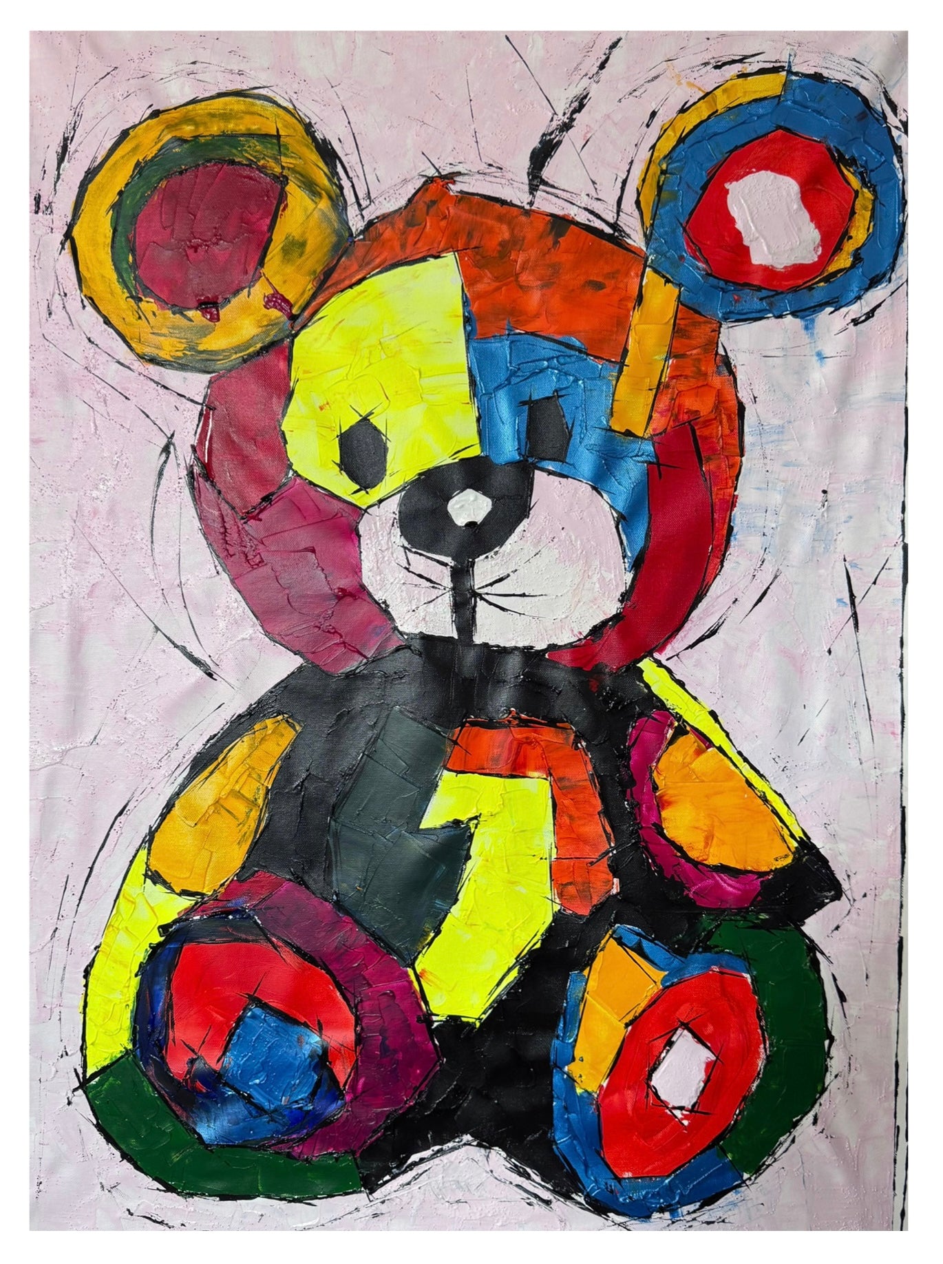 Original Colorful Teddy Bear Pop Art Painting 26x36 Canvas, Handmade Acrylic Abstract Wall Art, One of a Kind Decor