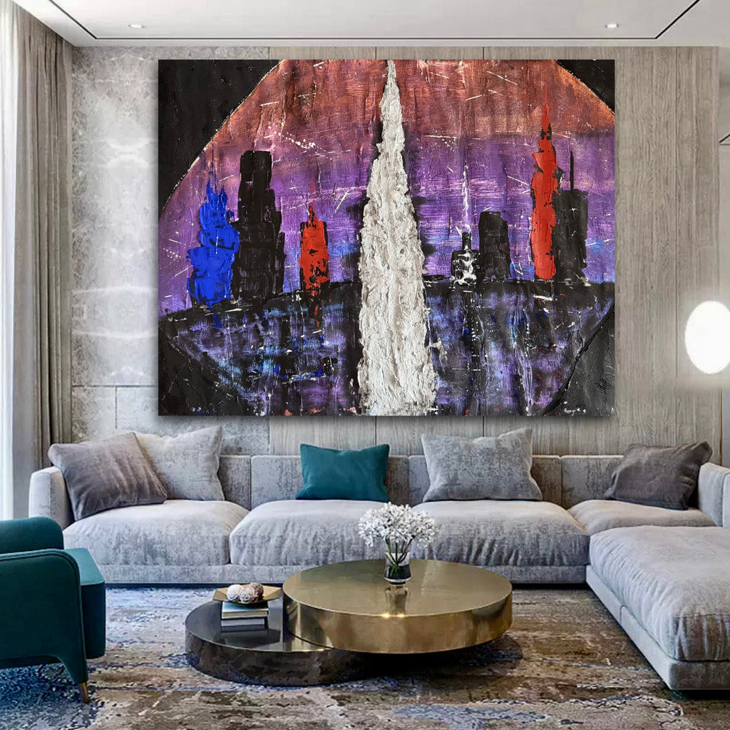 Abstract Urban Skyline Silhouette Painting | Textured Mixed Media Cityscape on Reinforced Paper | Contemporary Expressionist Art