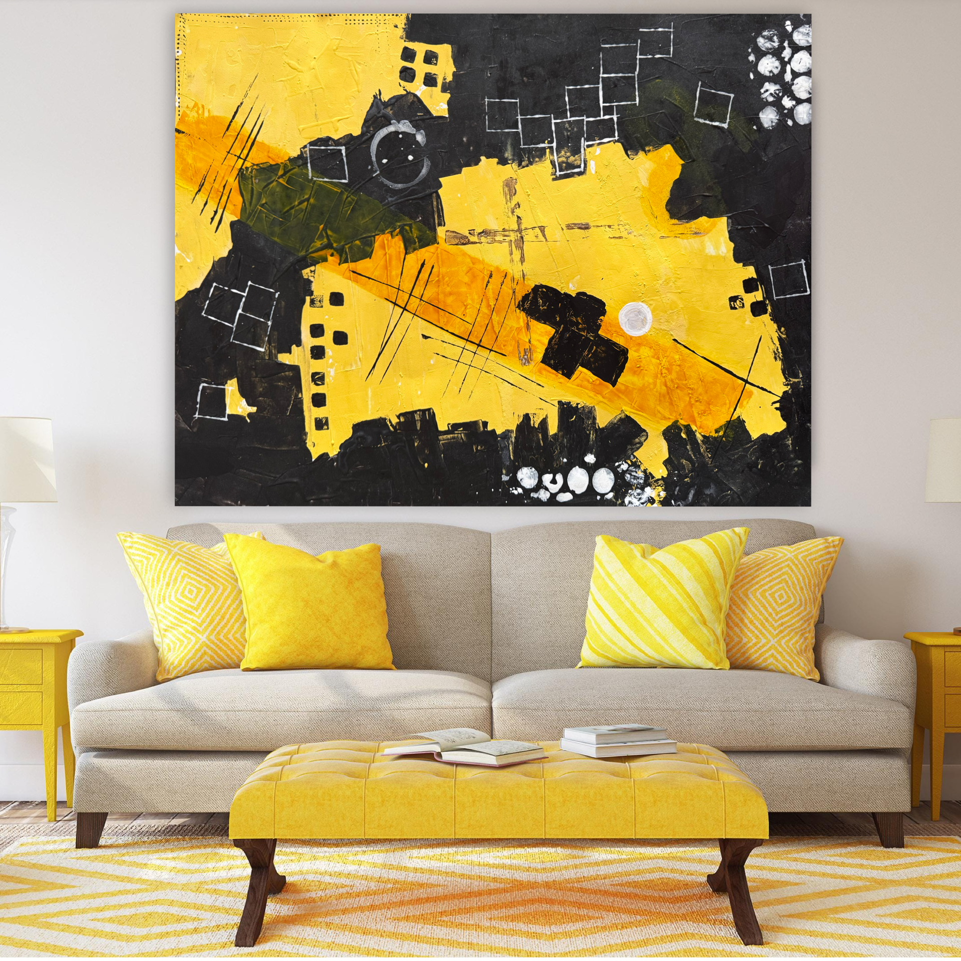 Handmade Abstract Acrylic Painting 22x28 Inch Textured Canvas Wall Art Yellow Black Modern Artwork Vertical Horizontal Ready to Hang