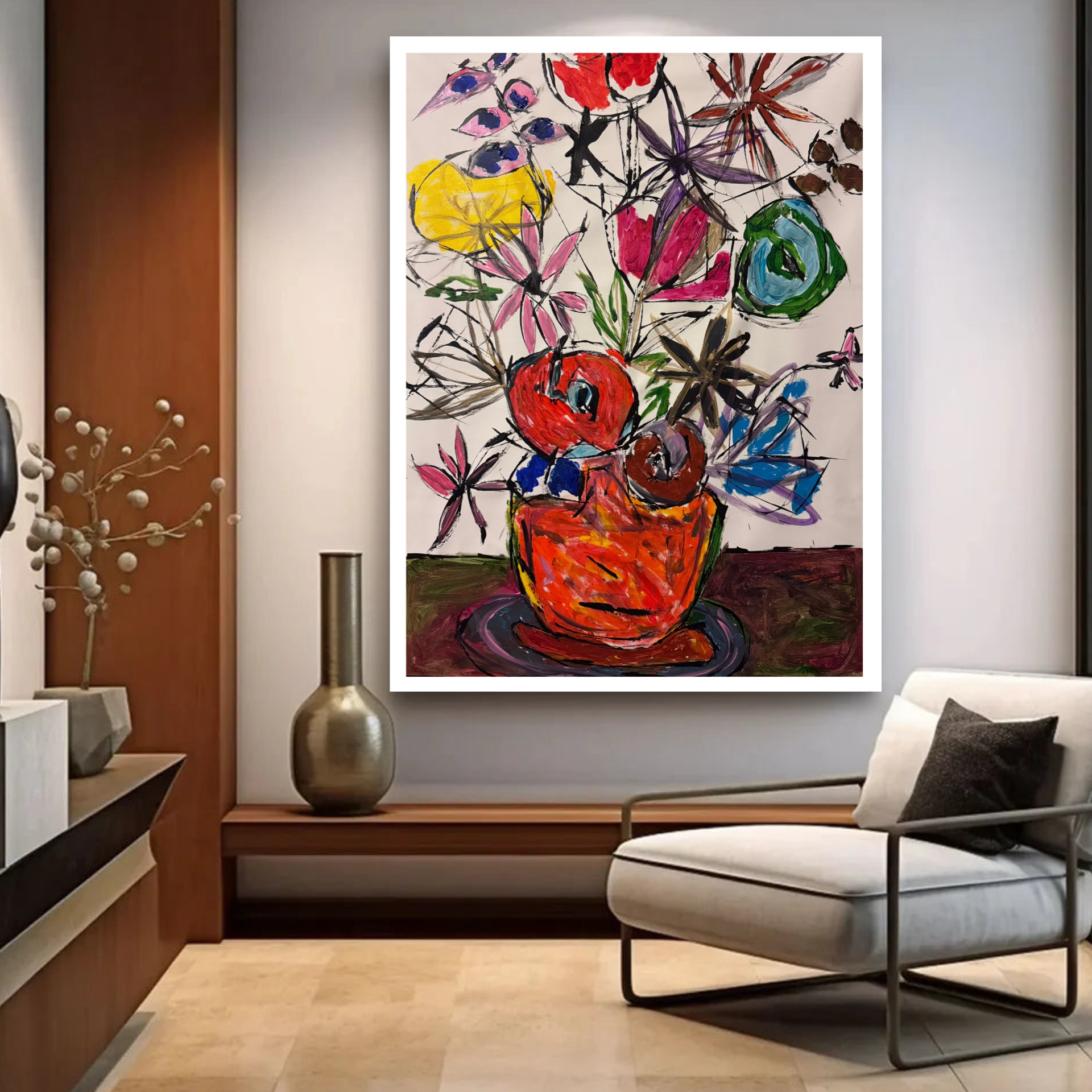 Neo-Expressionist Floral Still Life | 22x28 Inch Acrylic Painting on Canvas | Palette Knife & Brush Artwork