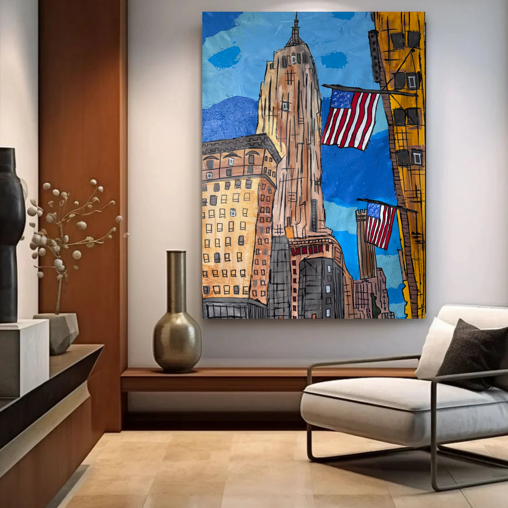 Original NYC Skyline Abstract Painting 26x36, Handmade Acrylic Canvas Art with American Flag, Textured Modern Wall Decor