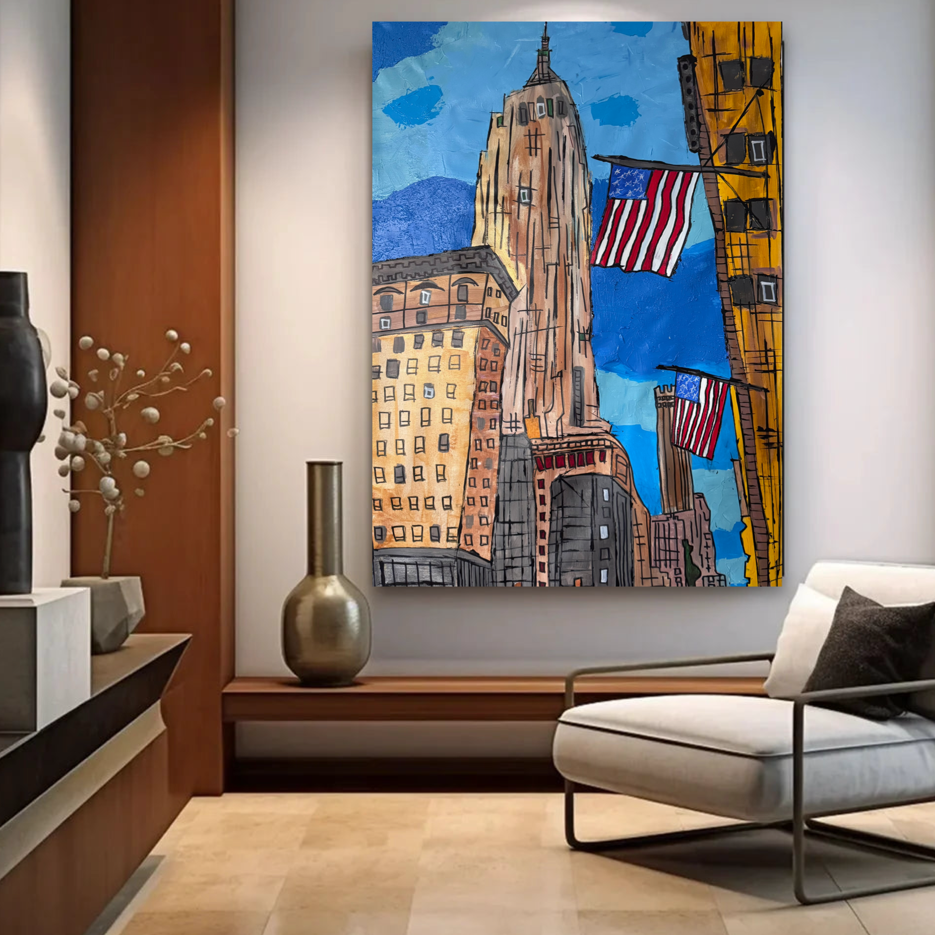 Original NYC Skyline Abstract Painting 26x36, Handmade Acrylic Canvas Art with American Flag, Textured Modern Wall Decor
