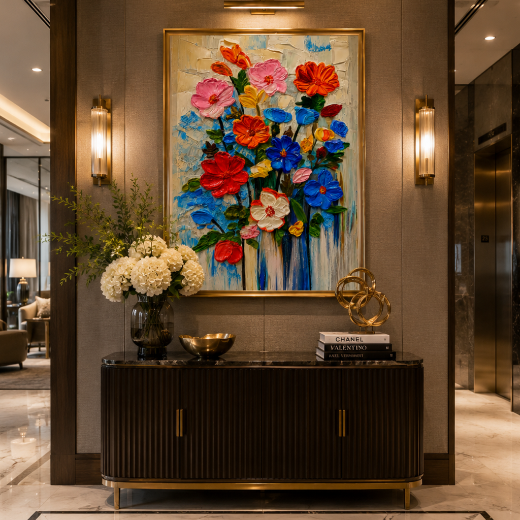 Original Abstract Floral Painting 26x36 in – Textured Acrylic on Canvas, Palette Knife, Colorful Expressionist Flower Art