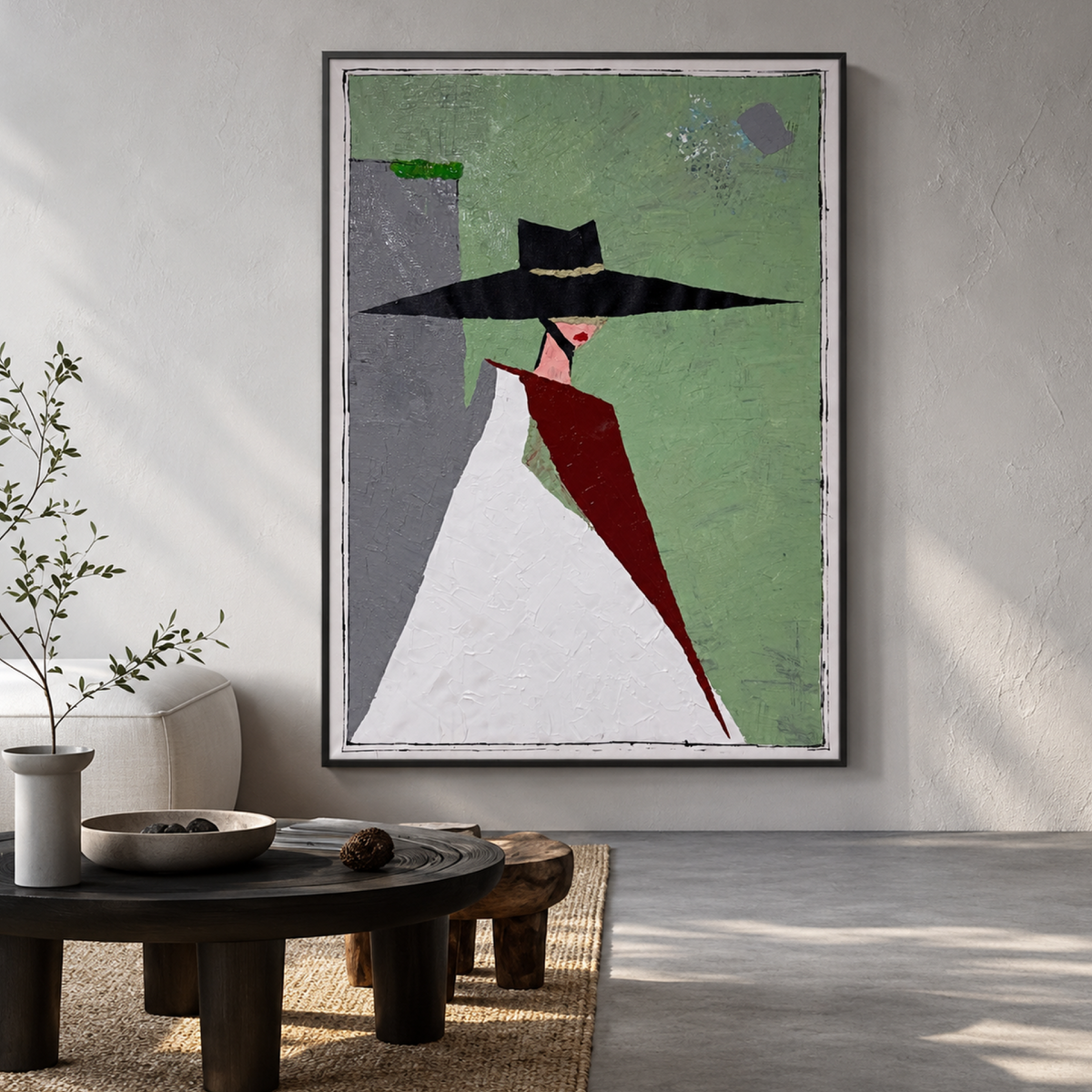 Abstract Woman in Black Hat Original Acrylic Painting 26x36, Textured Expressionist Fashion Wall Art on Canvas
