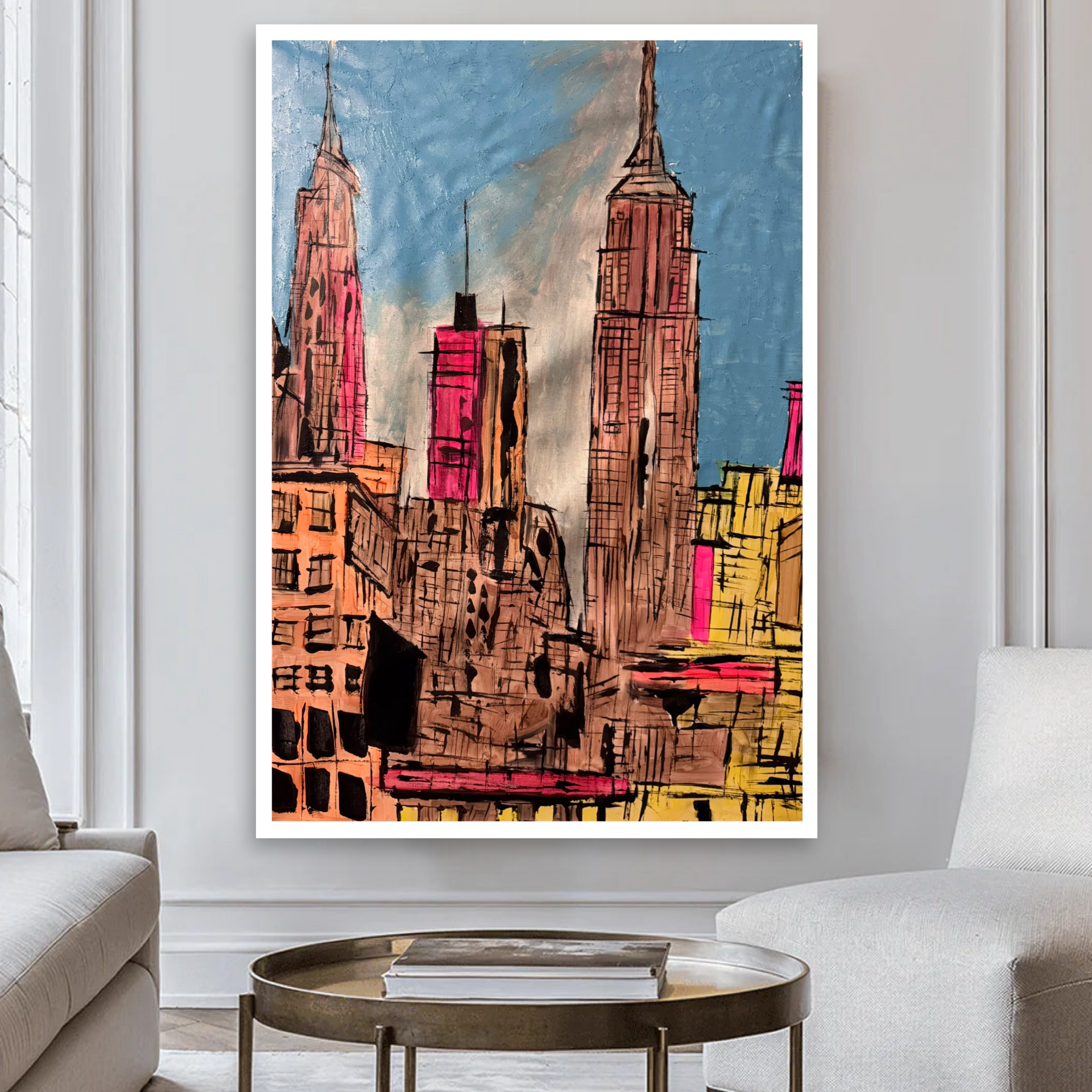 Modern Manhattan Skyline Abstract Acrylic Painting on Canvas | NYC Empire State Urban Silhouette Art 24x36 Inches
