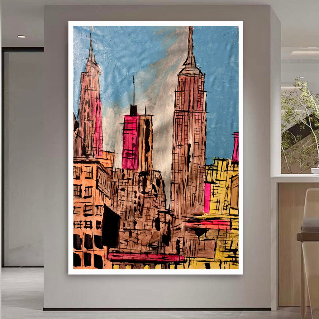 Modern Manhattan Skyline Abstract Acrylic Painting on Canvas | NYC Empire State Urban Silhouette Art 24x36 Inches