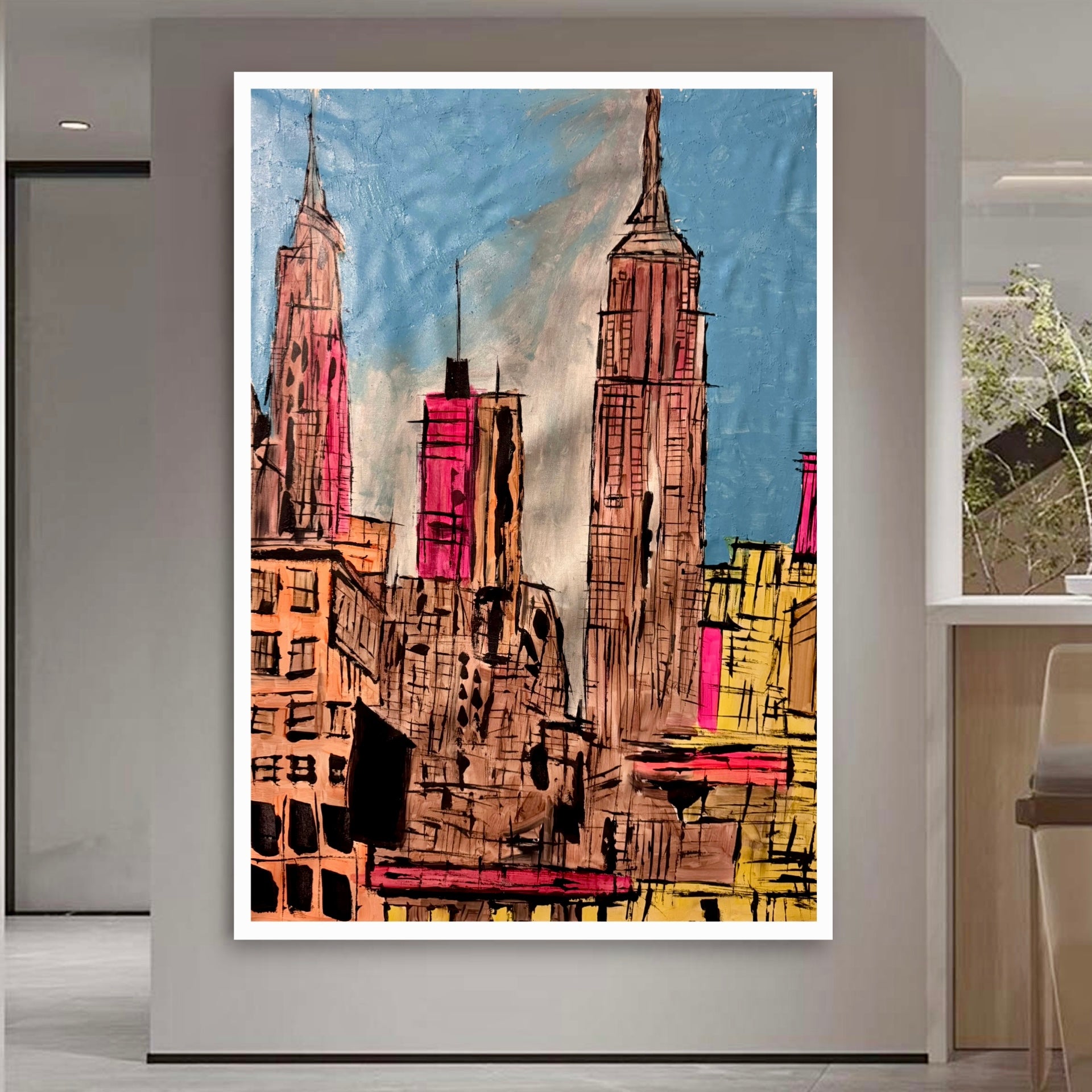 Modern Manhattan Skyline Abstract Acrylic Painting on Canvas | NYC Empire State Urban Silhouette Art 24x36 Inches